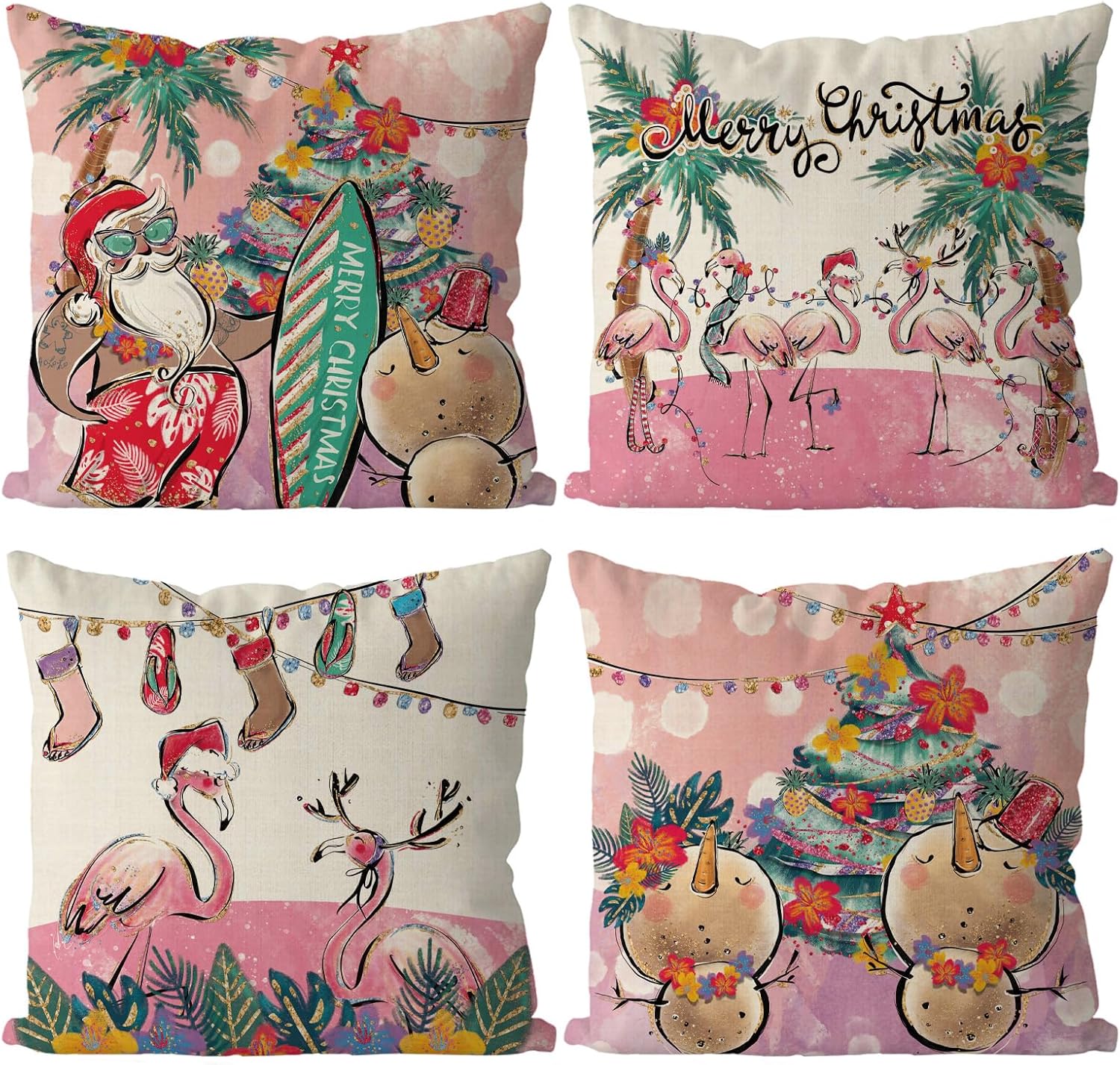 GAGEC Juego de 4 fundas de almohada de Navidad de 18 x 18 pulgadas, fundas de almohada hawaianas de Papá Noel, muñeco de nieve rosa, Navidad,