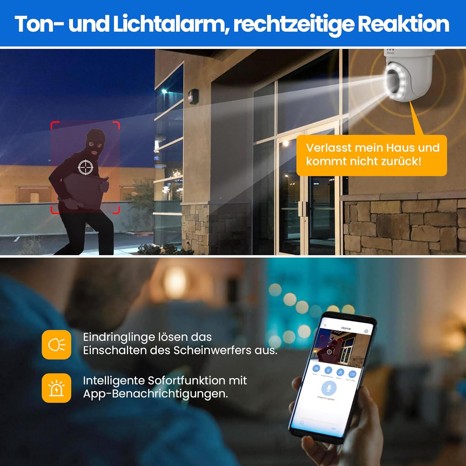 Allesin Cámara de seguridad de 4MP para exteriores, cámaras de visión panorámica de 360 para seguridad en el hogar con 14 LED Spotlight visión