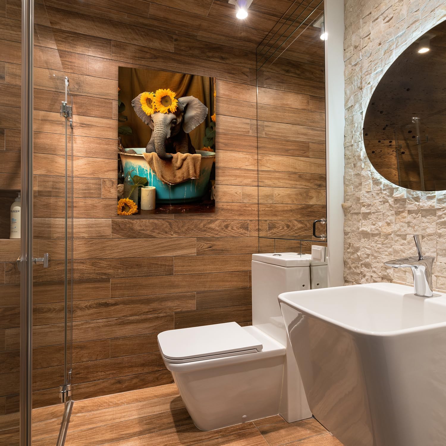 MOSTUNNA Creativity – Lienzo decorativo para baño, diseño de animales, divertido elefante y girasol amarillo en la bañera, decoración de pared,
