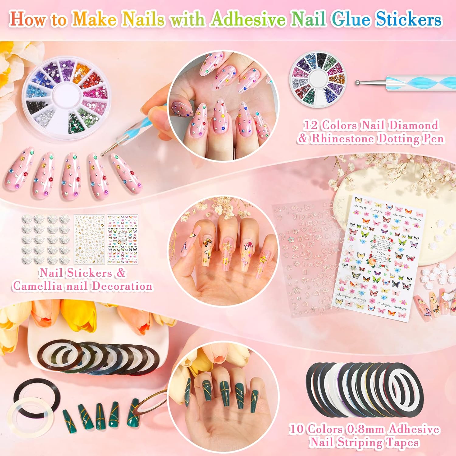 Uñas postizas a presión de 24 colores de cobertura completa, 576 unidades, uñas largas a presión con diamantes de imitación, cintas adhesivas para