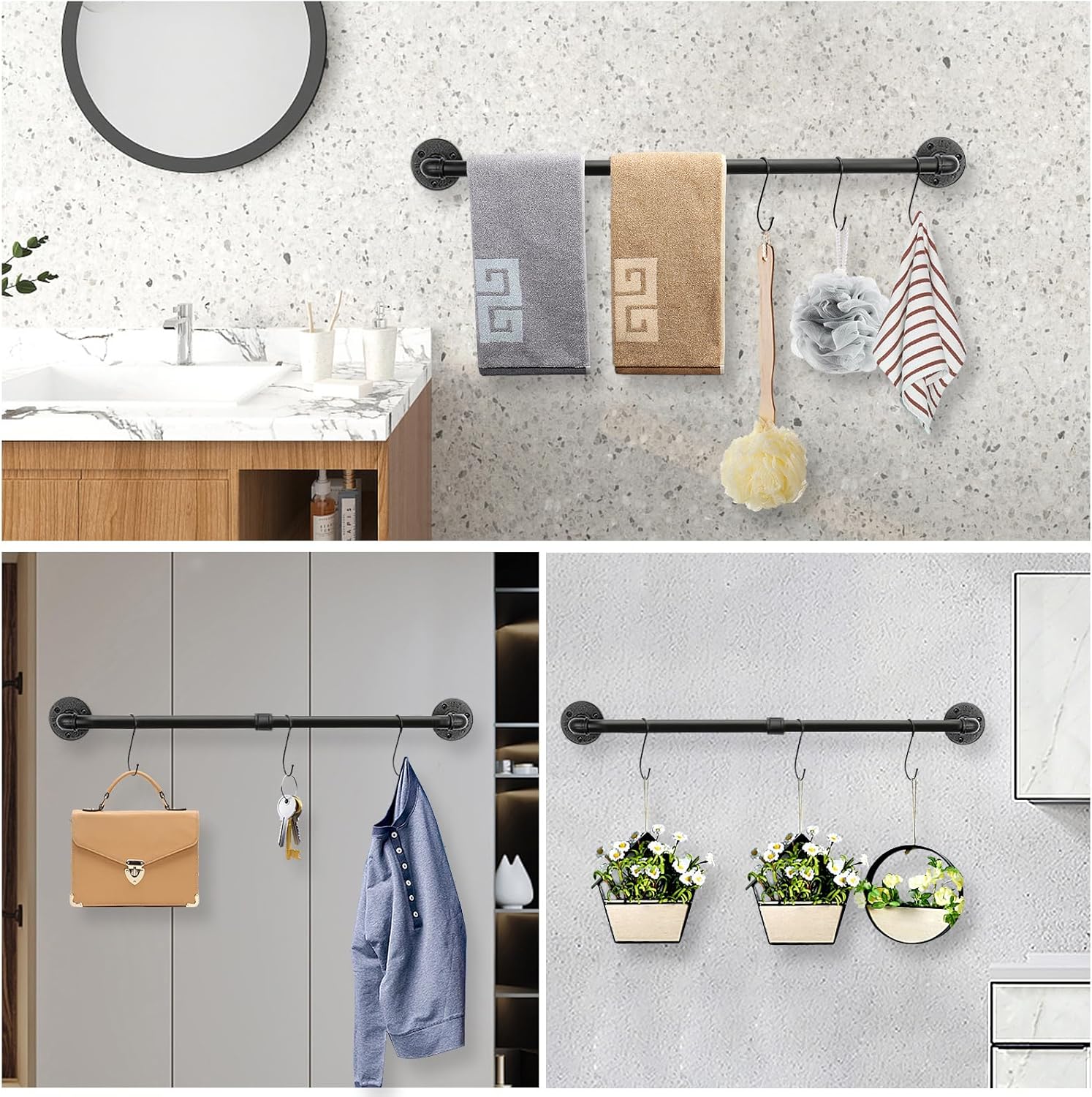 NearMoon Toallero industrial de tubería, accesorio de toallero de baño resistente, montaje en la pared, soporte para toallas de baño de hierro
