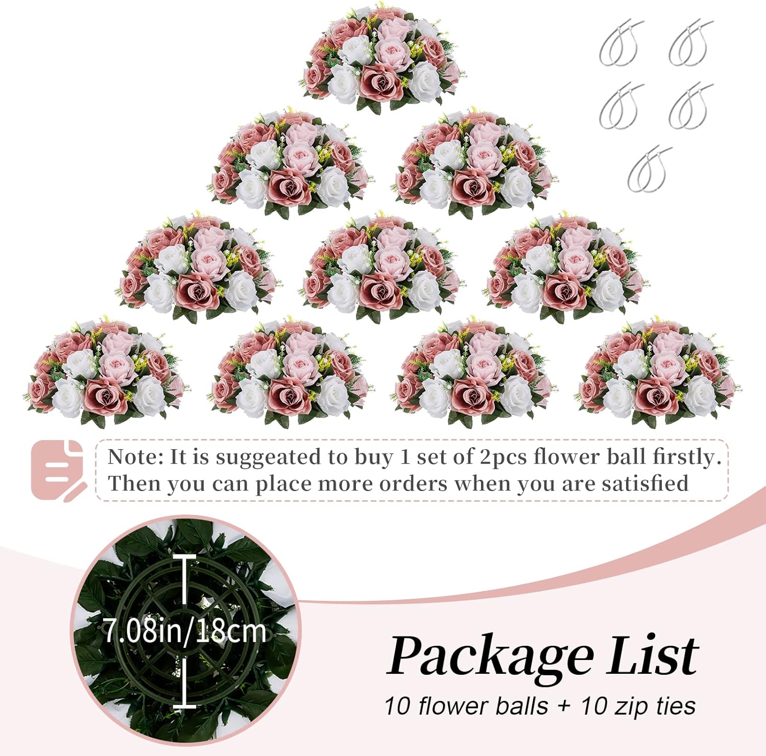 BLOSMON Centros de mesa de bola de flores falsas, 10 piezas de flores artificiales de 13.7 pulgadas, tamaño grande, color rosa polvoriento, arreglo