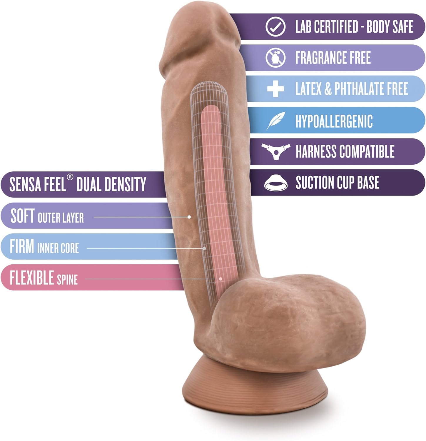 Blush Au Naturel Macho – Consolador realista Sensa Feel de doble densidad de 8.75 pulgadas, pene y bolas – ventosa, compatible con arnés – Juguete
