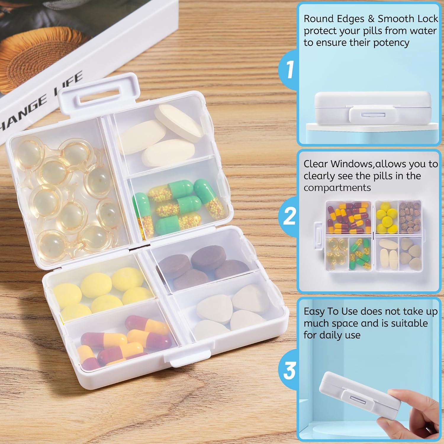 Pastillero de viaje  Pastillero diario portátil con 7 compartimentos, contenedor de píldoras, organizador de medicamentos, dispensador de píldoras,