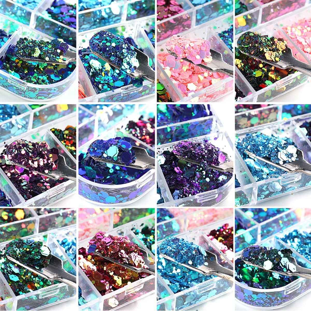 Lentejuelas hexagonales gruesas con purpurina holográfica en polvo de sirena en escamas brillantes para arte de uñas, lentejuelas iridiscentes,