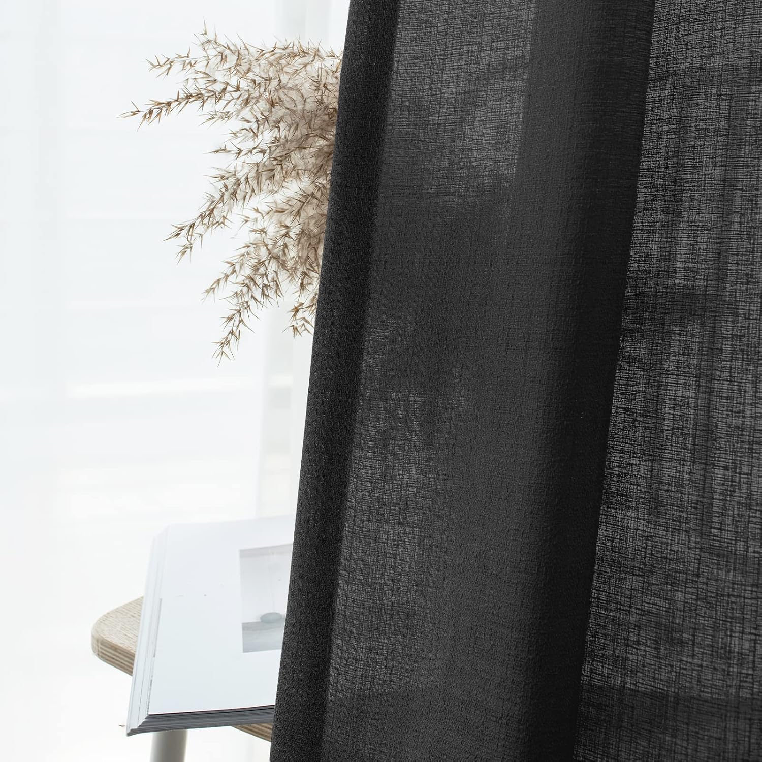 Melodieux Cortinas semitraslúcidas negras de 36 pulgadas de largo para cocina, cafetería, dormitorio, ventanas pequeñas, aspecto de lino, bolsillo