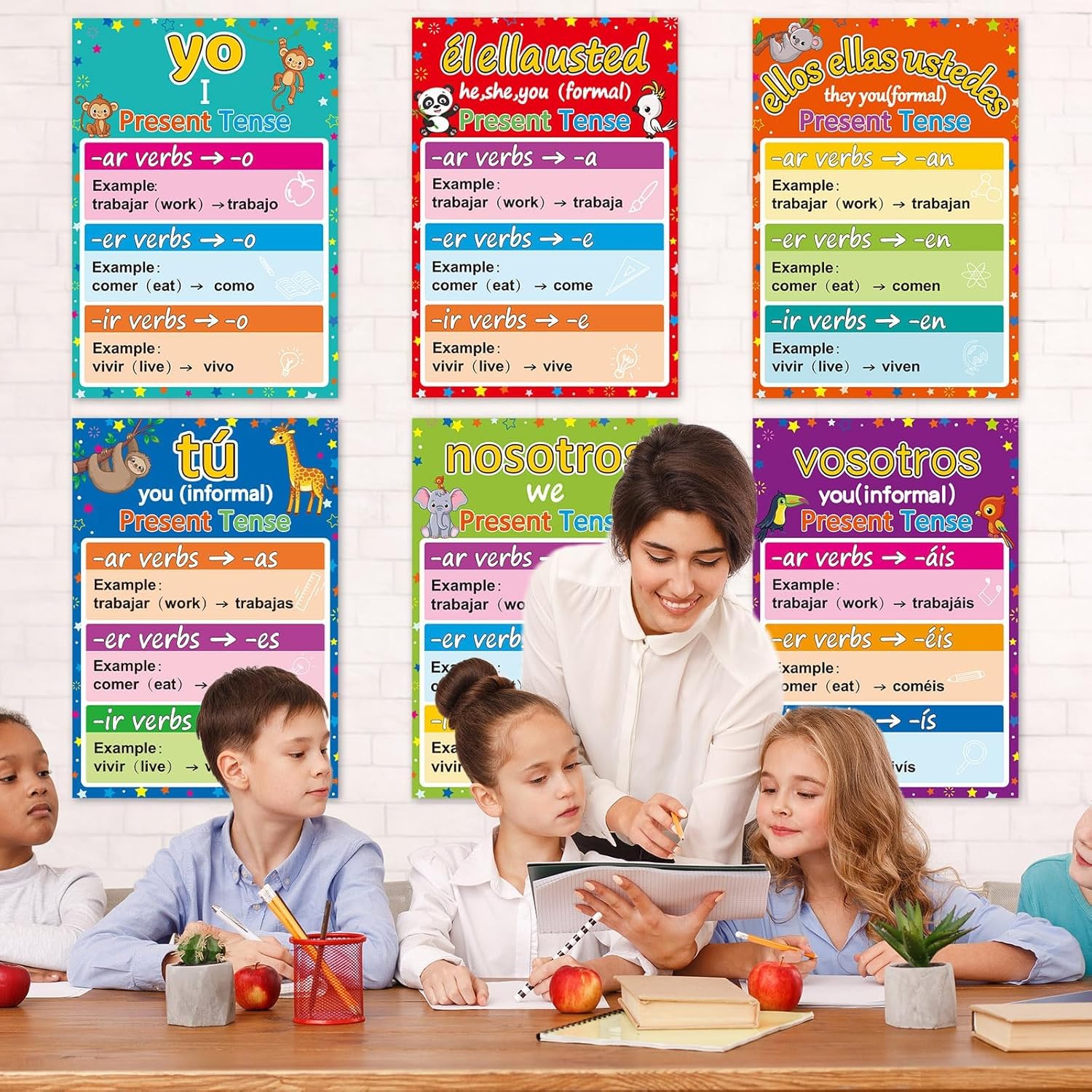 gisgfim 6 pósteres de conjugación de verbos en español, decoración de gramática española de color para decoración de aula de escuela primaria, media