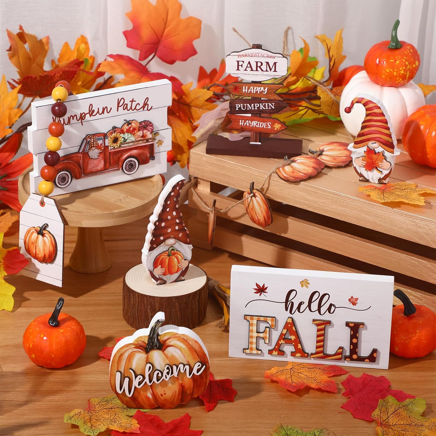 Juego de 12 piezas de decoración de bandejas escalonadas de madera con texto en inglés “Hello Fall Pumpkin Gnomo”, letreros para otoño, vacaciones,