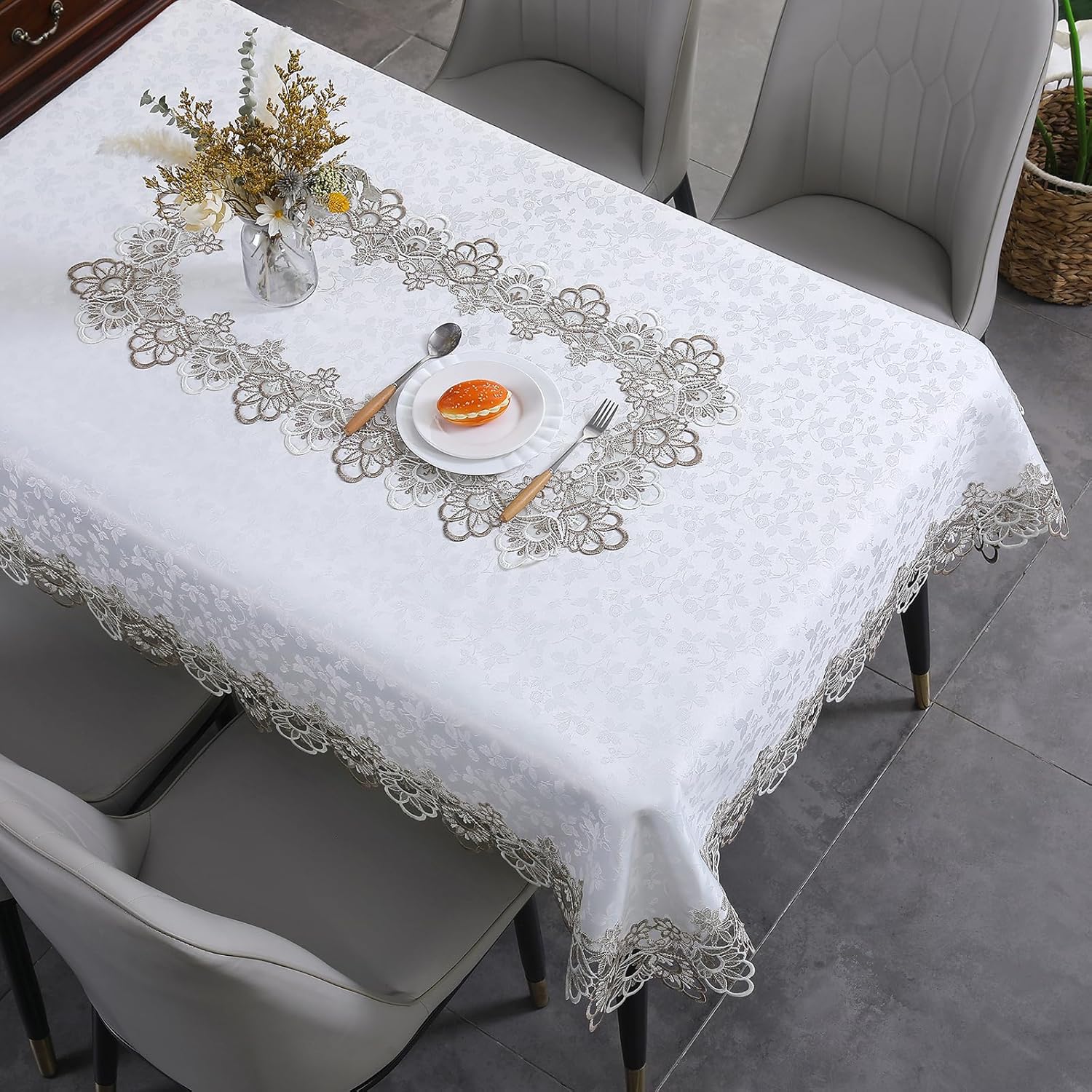 Lady Miranda Manteles blancos para mesas rectangulares de 55 x 86 pulgadas, mantel bordado impermeable y resistente a las arrugas, manteles de