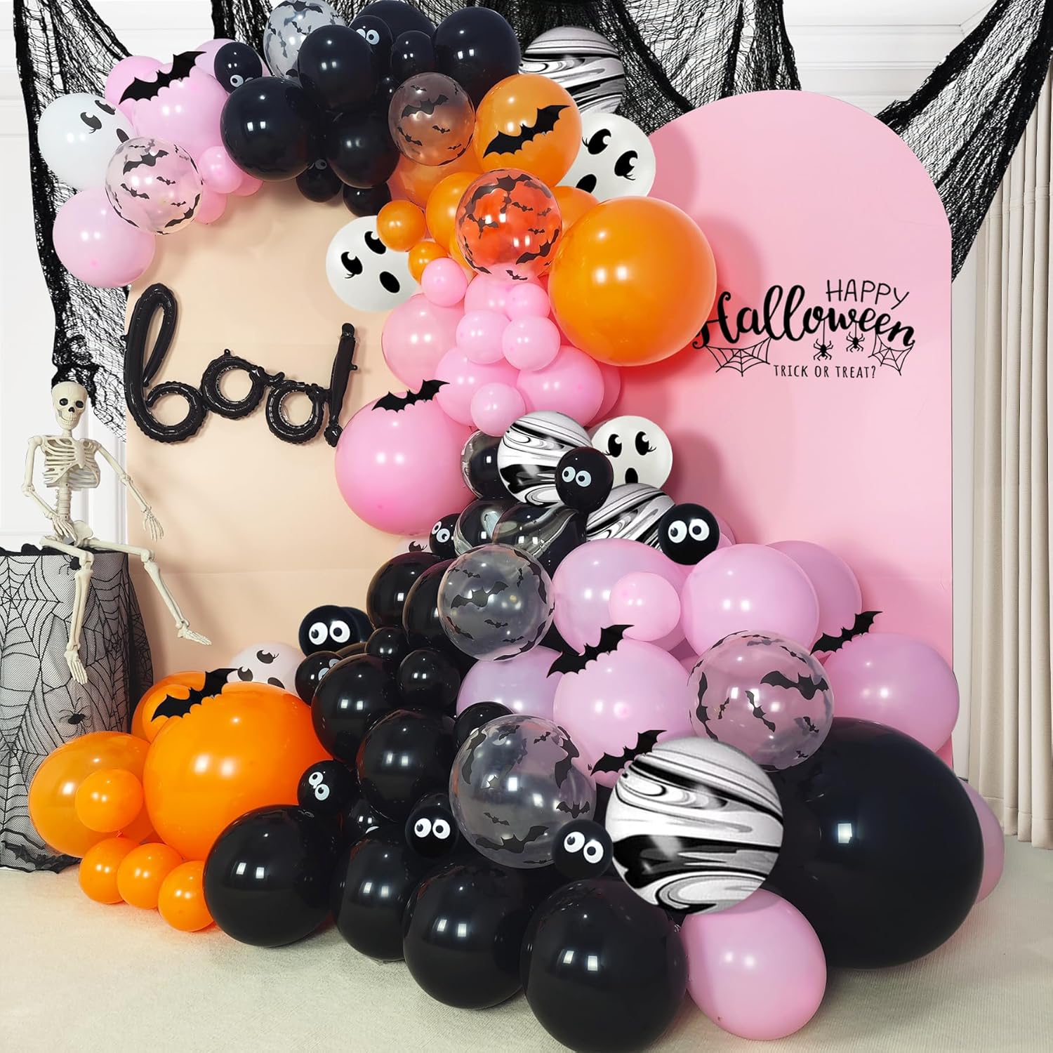 Kit de arco de guirnalda de globos de Halloween negro y rosa, decoraciones de Halloween rosas para niñas, guirnalda de globos de Halloween de gran