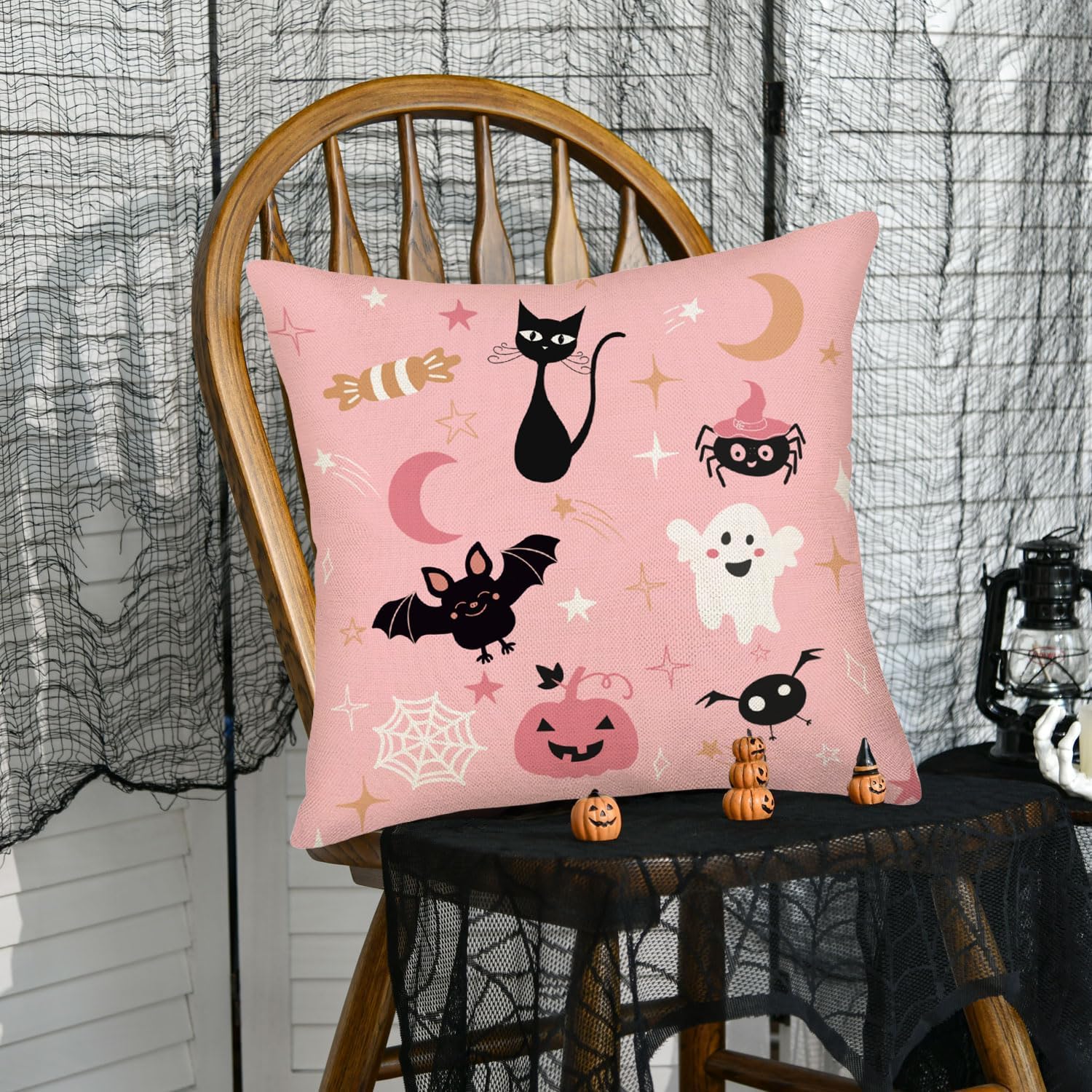 Fukeen Fundas de almohada decorativas de Halloween de 18 x 18 pulgadas de color rosa con diseño de gato, murciélago, araña, calabaza, fantasma,