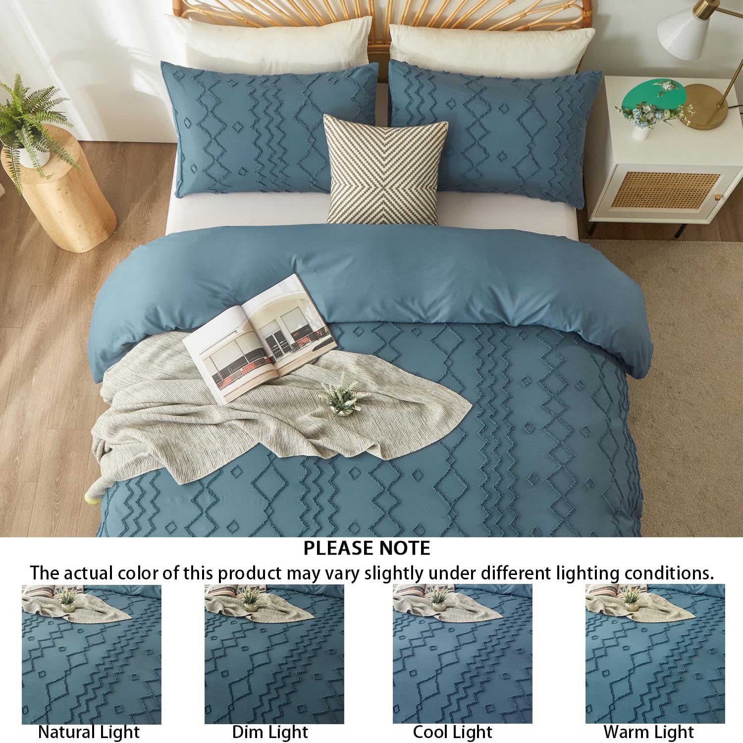 Funda de edredón tamaño King, funda de edredón azul copetuda con patrón geométrico de rombos jacquard, juego de ropa de cama de 3 piezas con textura