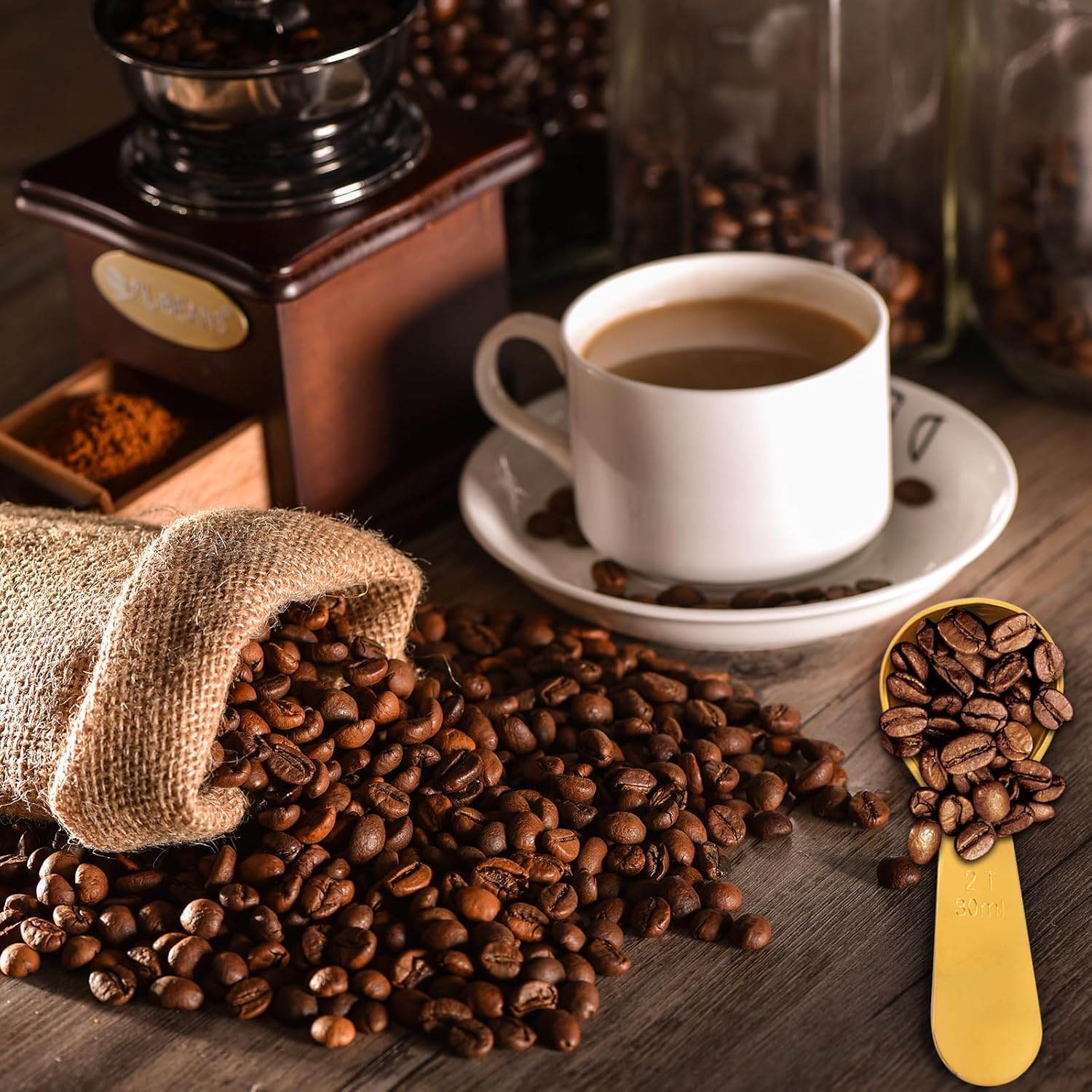 Paquete de 2 cucharas de café, cucharadas de café de acero inoxidable, cucharas medidoras para té, azúcar, café molido, grano entero (oro, 1.06 fl
