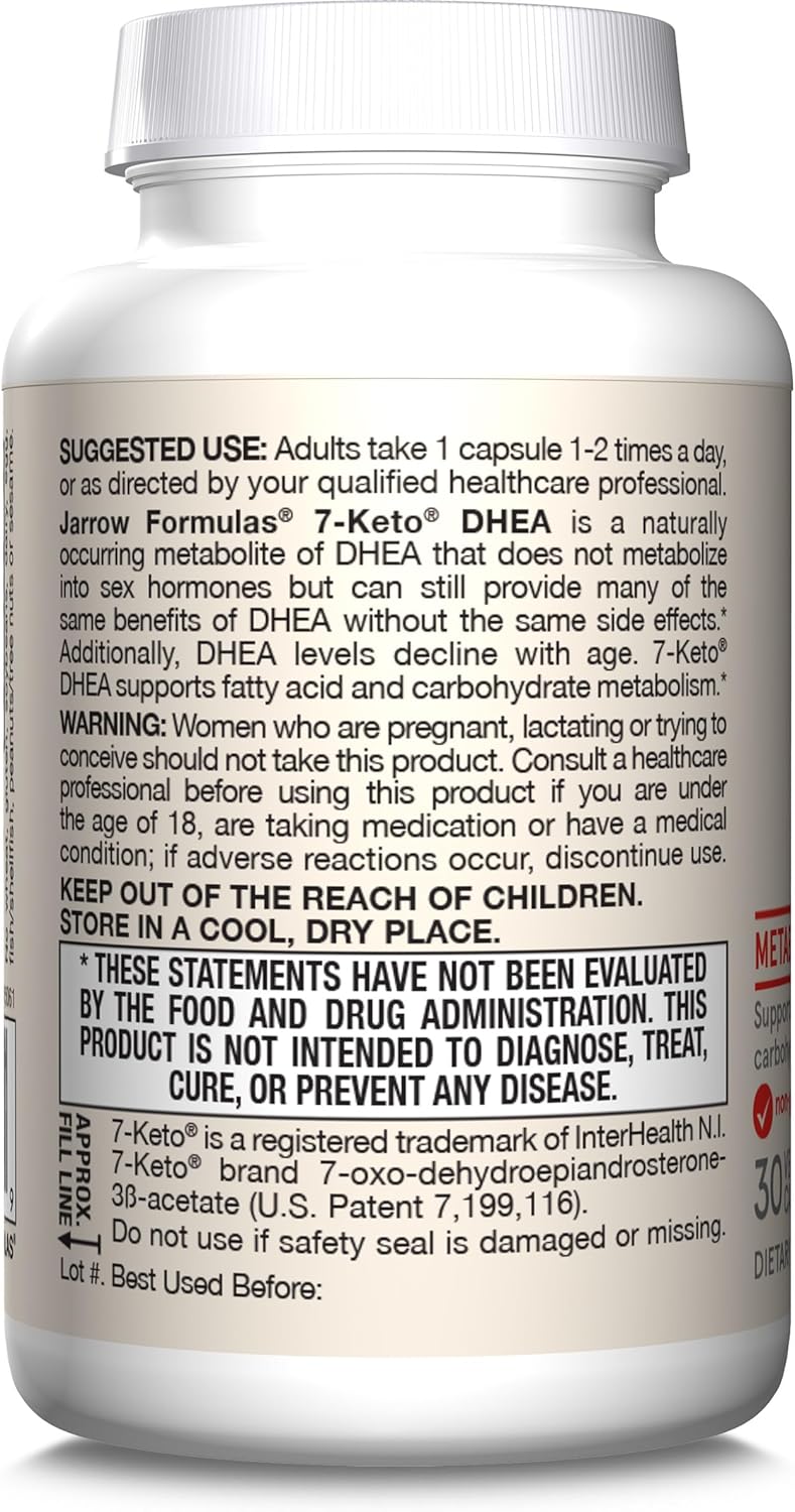 Jarrow Formulas 7-Keto DHEA 100 mg – Metabolito natural – Suplemento dietético apoya la salud general, ayuda a promover un envejecimiento saludable