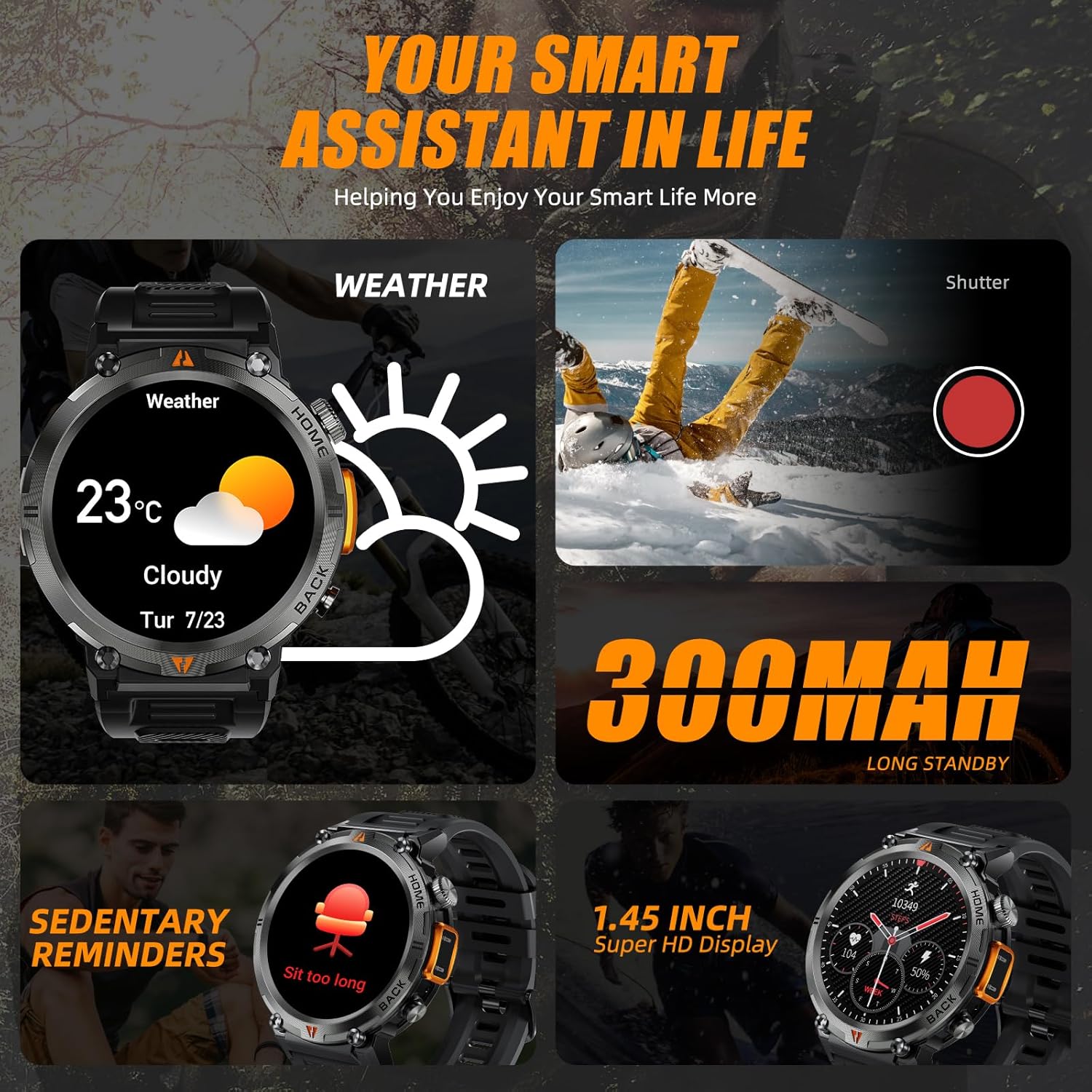 Reloj inteligente militar para hombres (respuestamarcado) linterna de 1.45 pulgadas, resistente reloj inteligente con más de 100 modos deportivos,