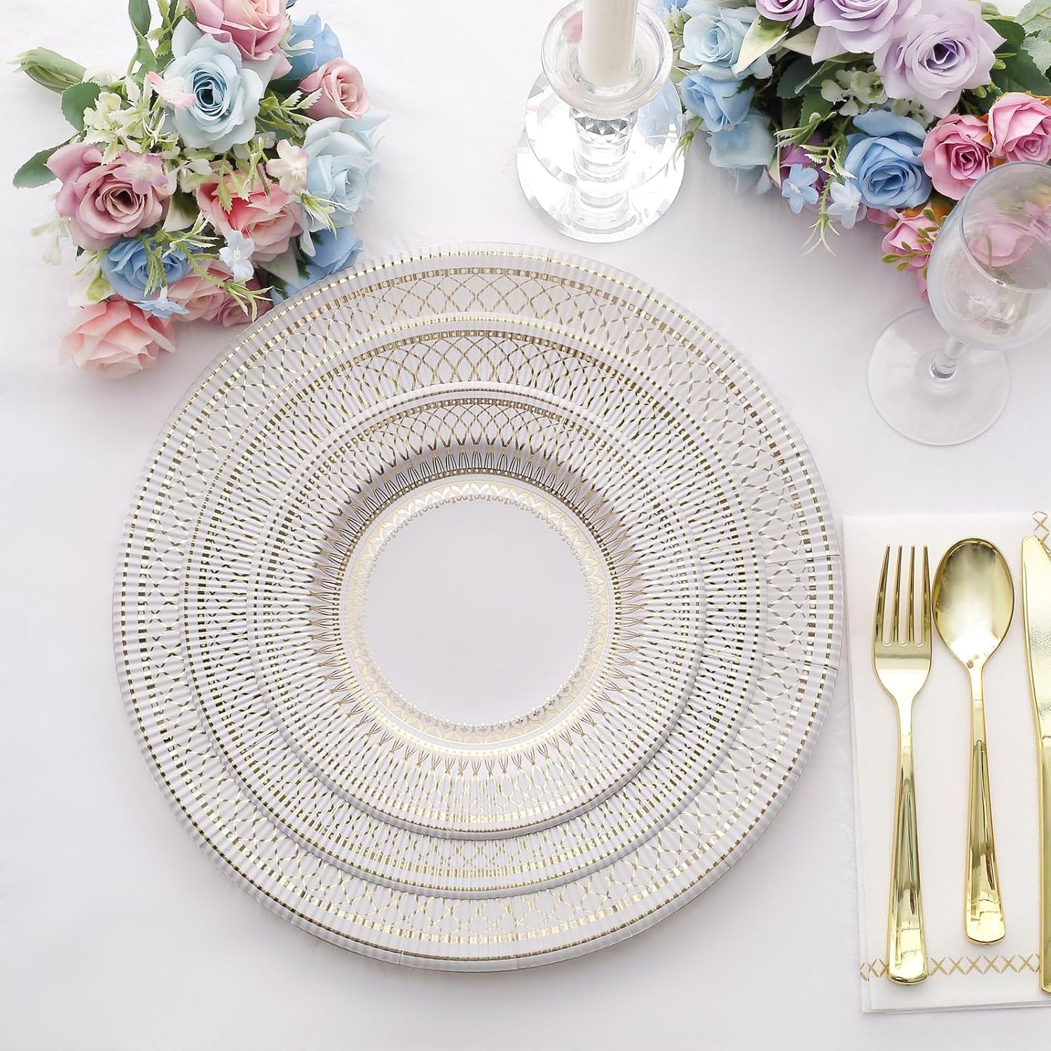 Efavormart – Paquete de 25 platos de papel de postre estilo vintage de porcelana dorada y blanca de 8 pulgadas, platos de fiesta desechables