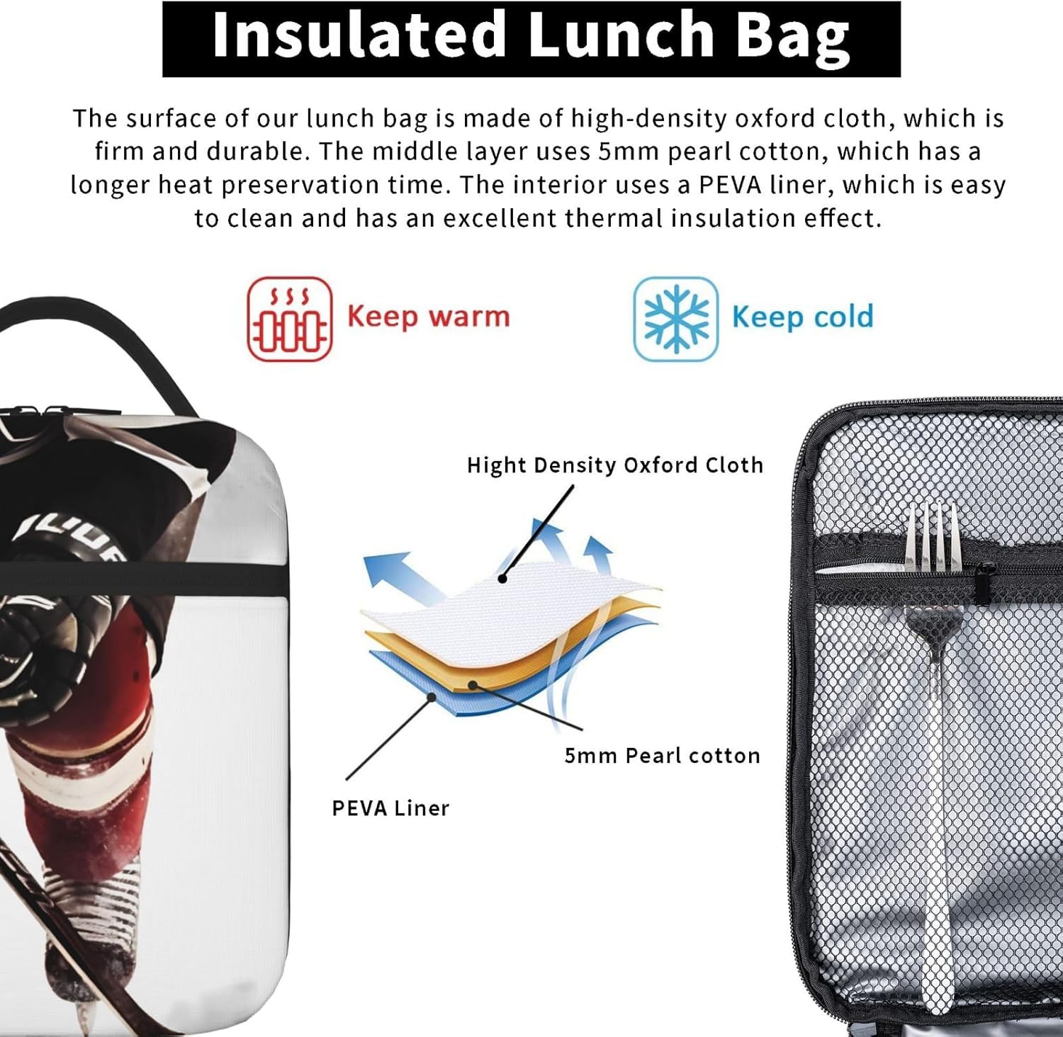 RLDOBOFE Lonchera para mujer, bolsa de almuerzo aislada, con patrón de hockey sobre hielo, lonchera para el trabajo, picnic, bolsa de almuerzo