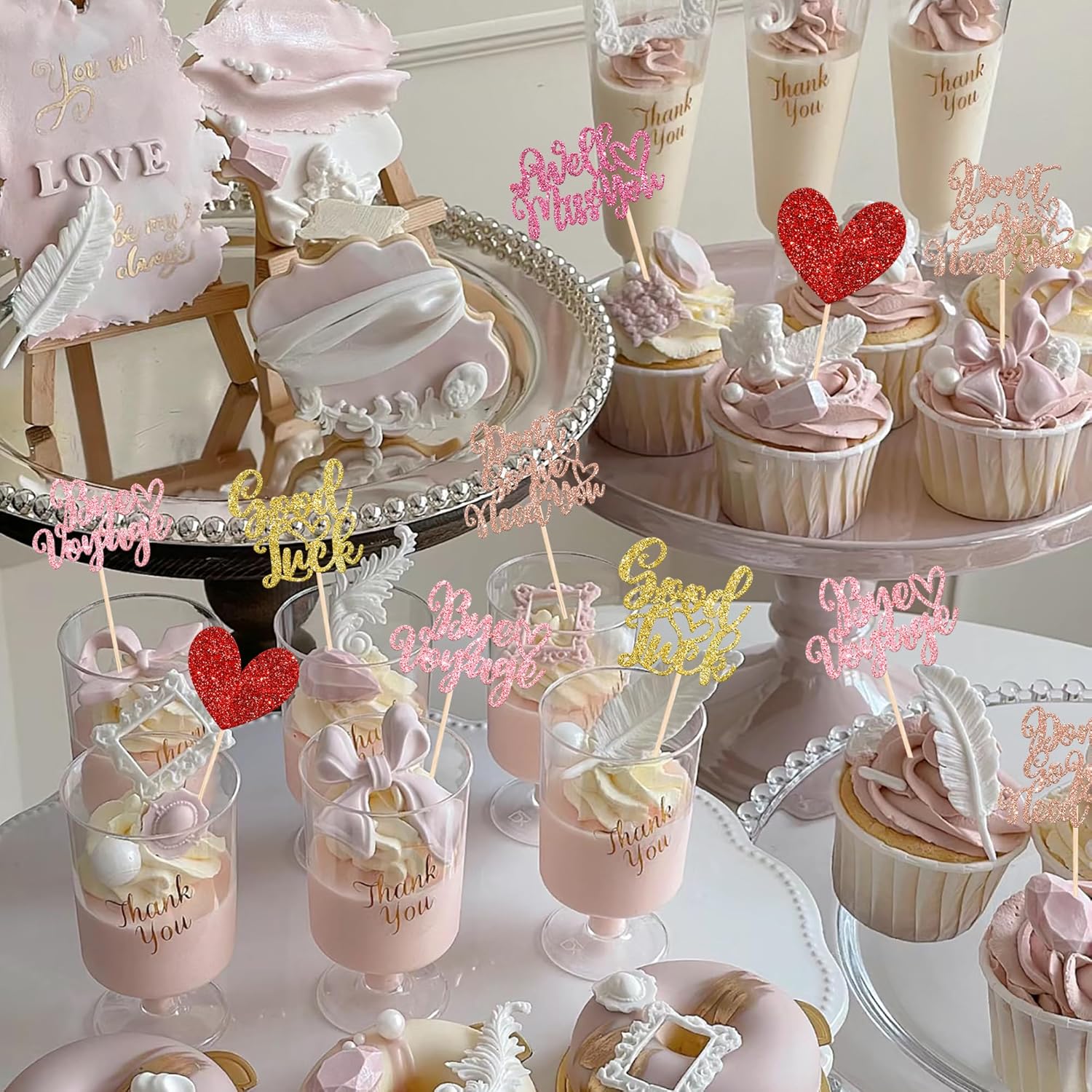 Paquete de 30 adornos para cupcakes con purpurina de corazón de buena suerte, decoración de tartas para fiesta de despedida, suministros de