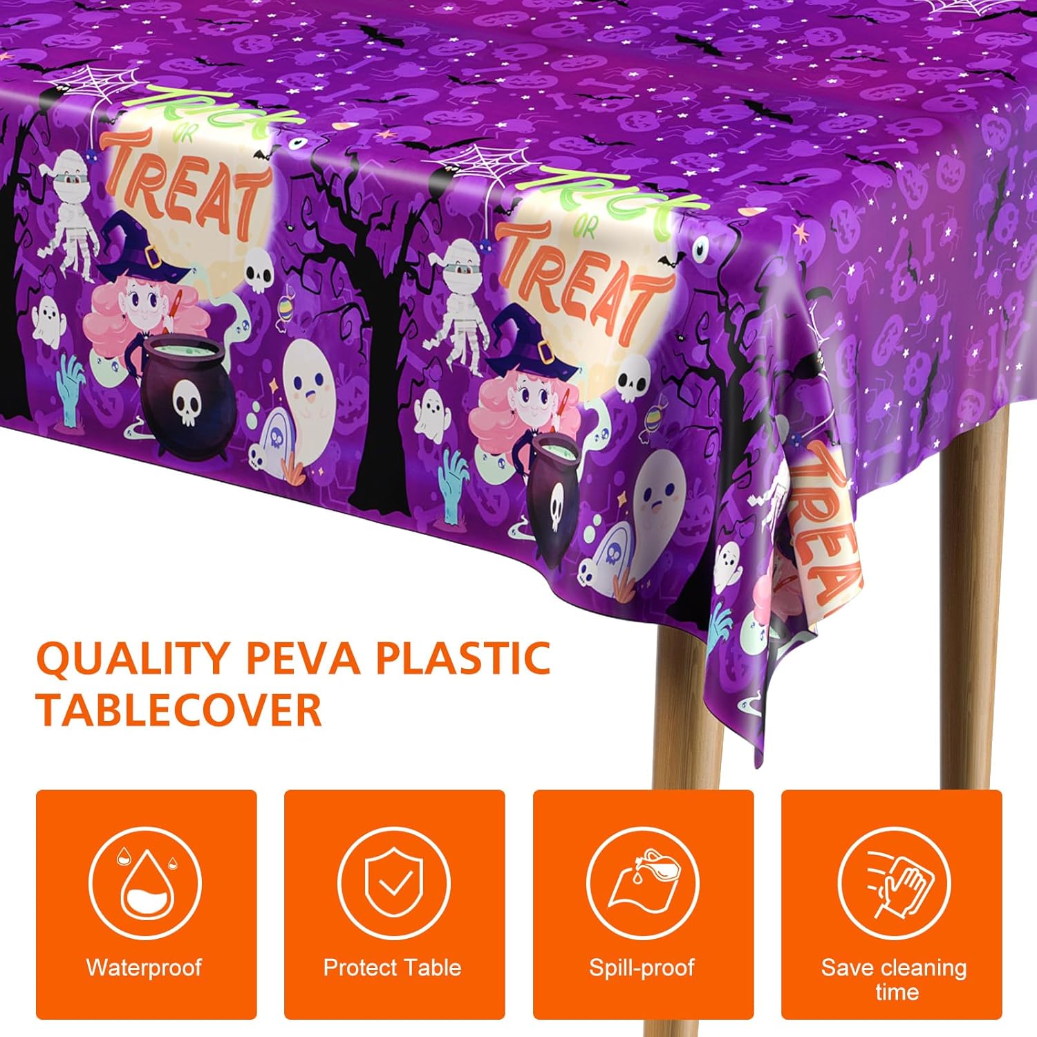 PLULON Mantel de Halloween de 54 x 108 pulgadas, mantel de plástico con diseño de murciélago zombi para decoración de mesa de cena de vacaciones,