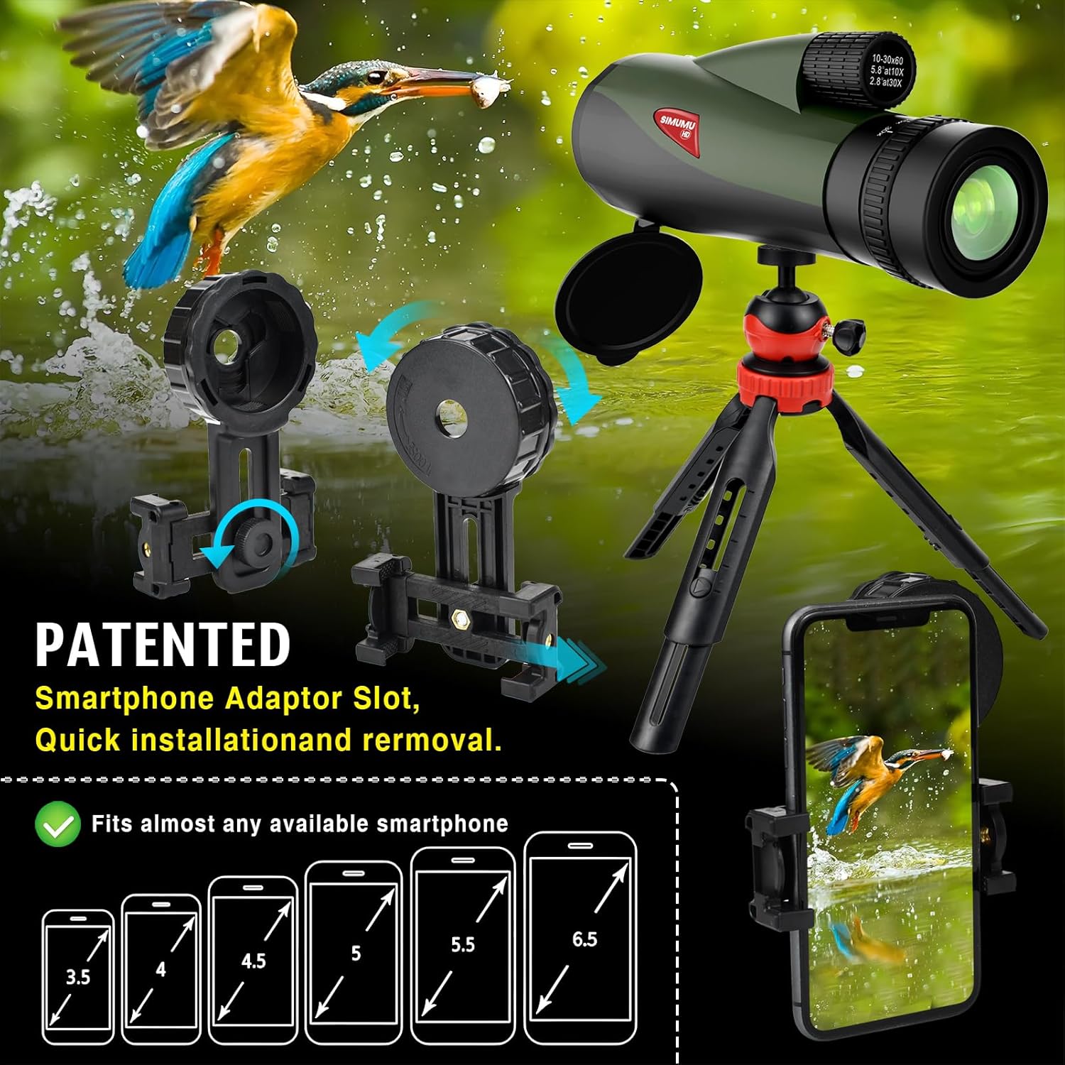 Zoom 10-30×60 Monocular de alta potencia para adultos, telescopio impermeable con adaptador de teléfono, trípode y funda de cuero, perfecto para