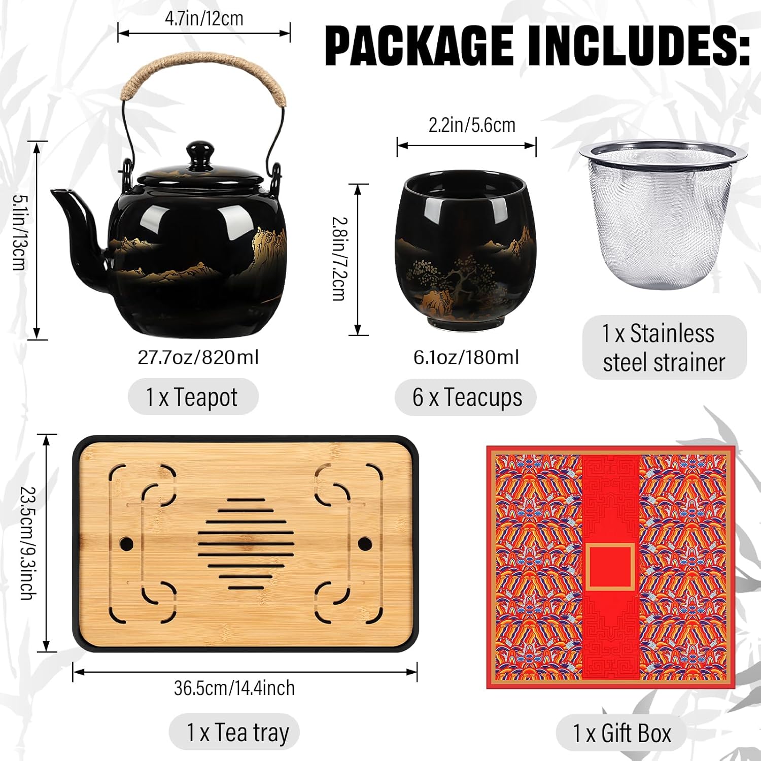 Juego de té japonés en caja de regalo, juego de té asiático, tetera mágica con 1 tetera, 6 tazas de té, 1 bandeja de té, 1 infusor de acero