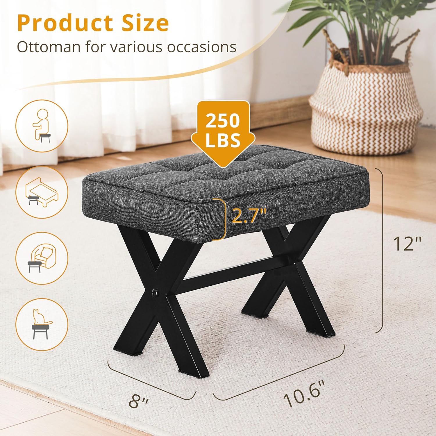 LUE BONA Taburete para pies, taburetes pequeños de 12 pulgadas de alto, reposapiés de lino resistente con patas en X de metal, reposapiés acolchado
