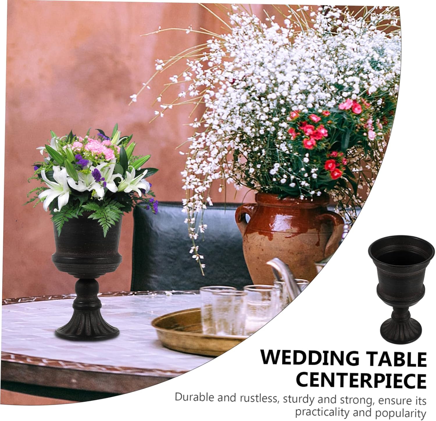 Yardwe Jarrón blanco para decoración de mesa al aire libre, maceta negra con urna negra, jarrón alto de metal, maceta de hierro, arreglo de flores,