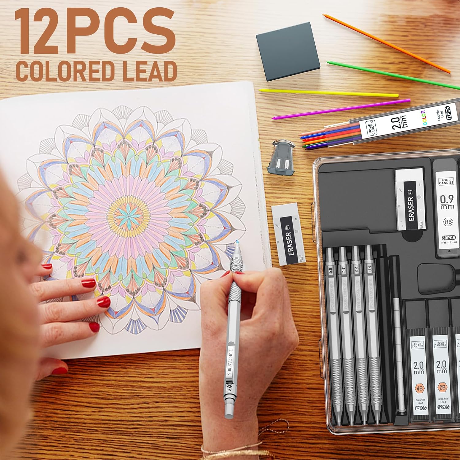 Four Candies Metal Mechanical Pencil Set, 3PCS Art Drafting Pencils 0.5, 0.7, 0.9MM & 2PCS 2MM Mechanical Drawing Pencils with 420PCS Leads (4B 2B