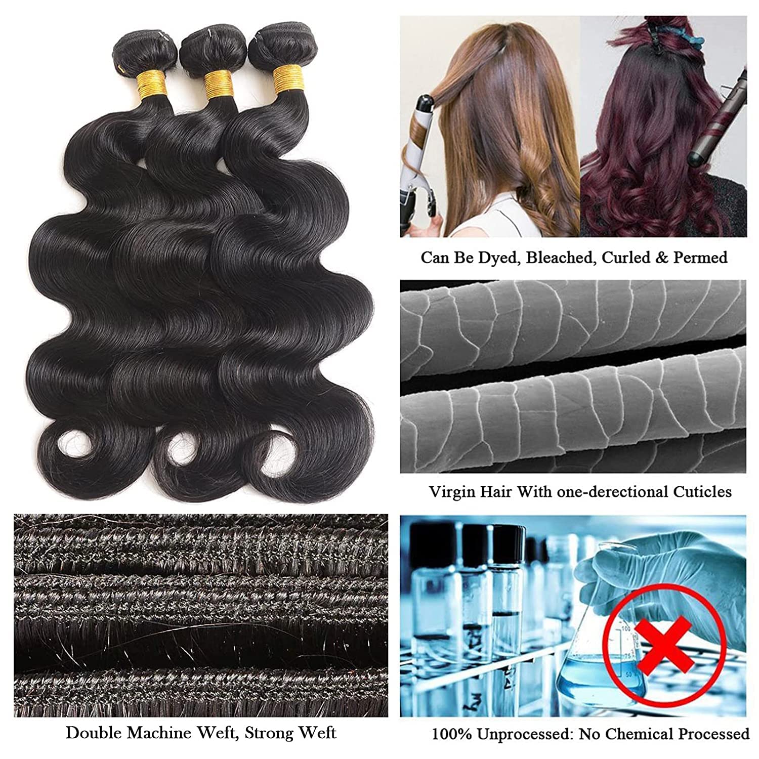 Paquetes de cabello humano ondulado de 16, 16, 16, 16 pulgadas, paquetes de cabello humano grado 10A, 100% sin procesar, cabello virgen brasileño,