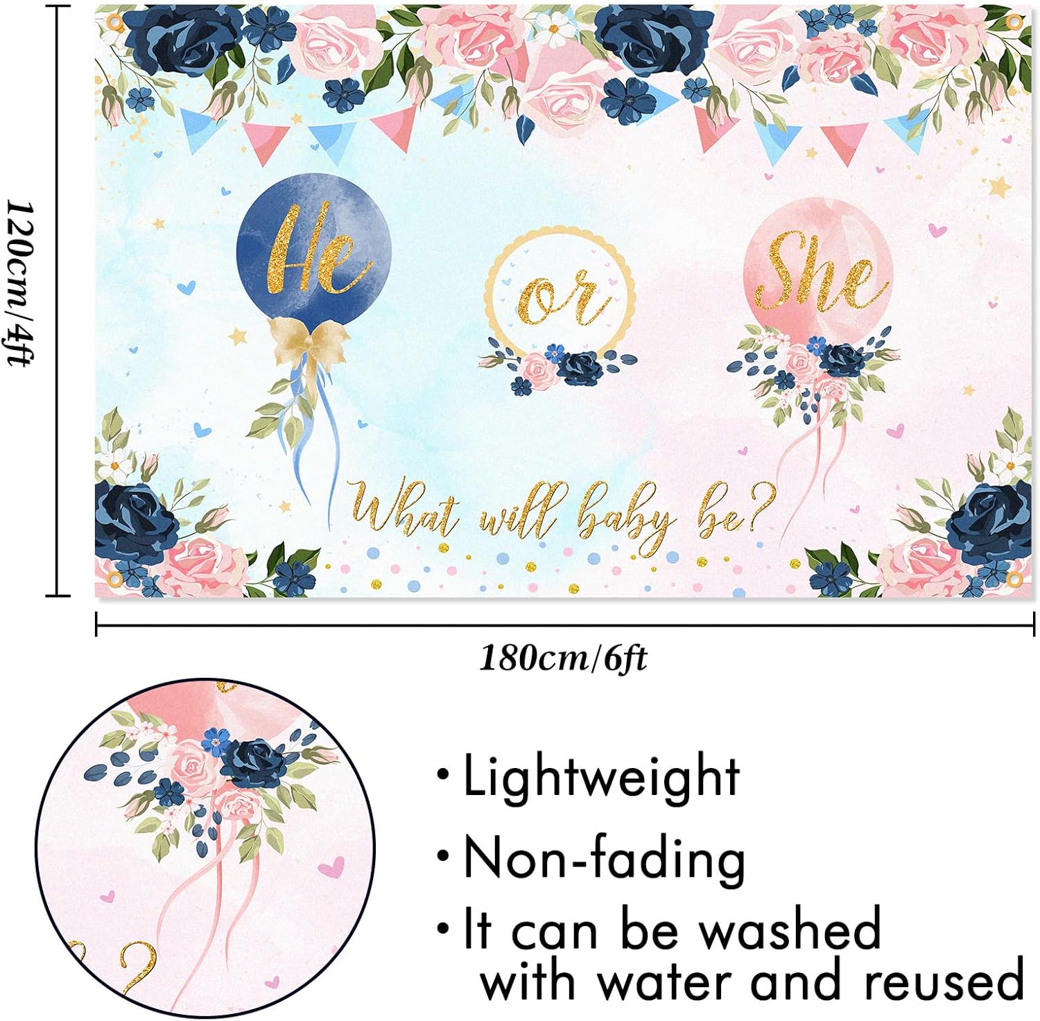 Cartel de fondo de revelación de género con texto en inglés “He or She Gender Reveal What Will Baby Be Gender Reveal”, suministros de decoración de
