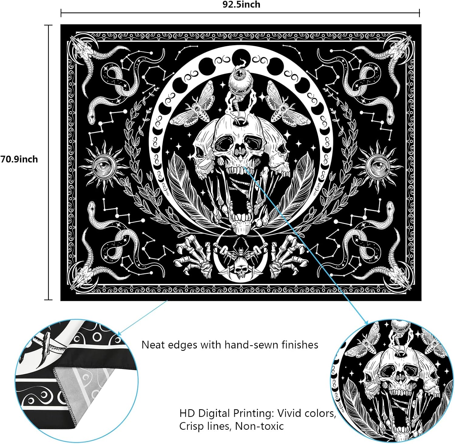 Krelymics Tapiz de calavera blanco y negro, tapiz de serpiente, tapiz de polilla, tapiz de esqueleto trippy, mandala de fase lunar, tapiz para