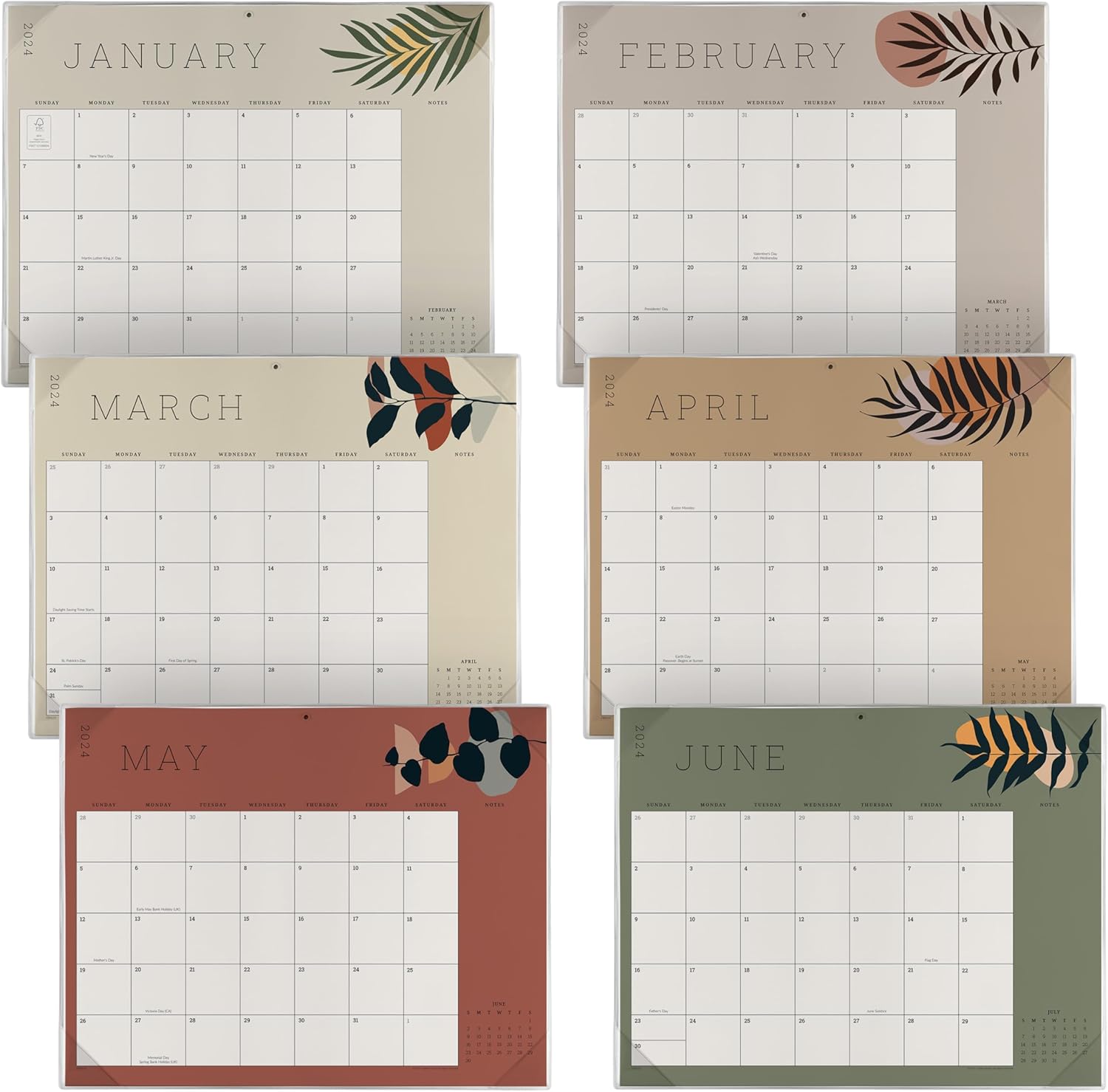 Cabbrix Calendario de escritorio 2024-2025 con alfombrilla de escritorio transparente, calendario de escritorio grande bohemio de 21 x 16.5