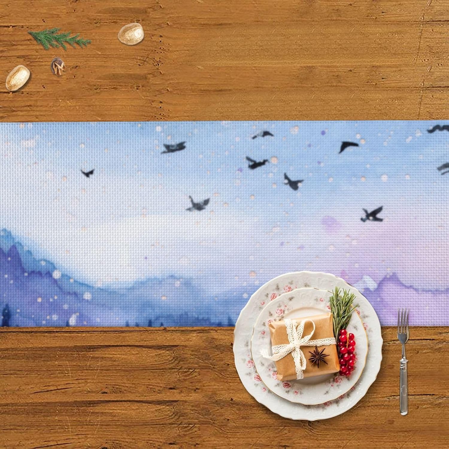 Camino de mesa de Navidad con paisaje de acuarela, decoración de mesa de comedor, decoración de Navidad, decoración de interiores del hogar, caminos
