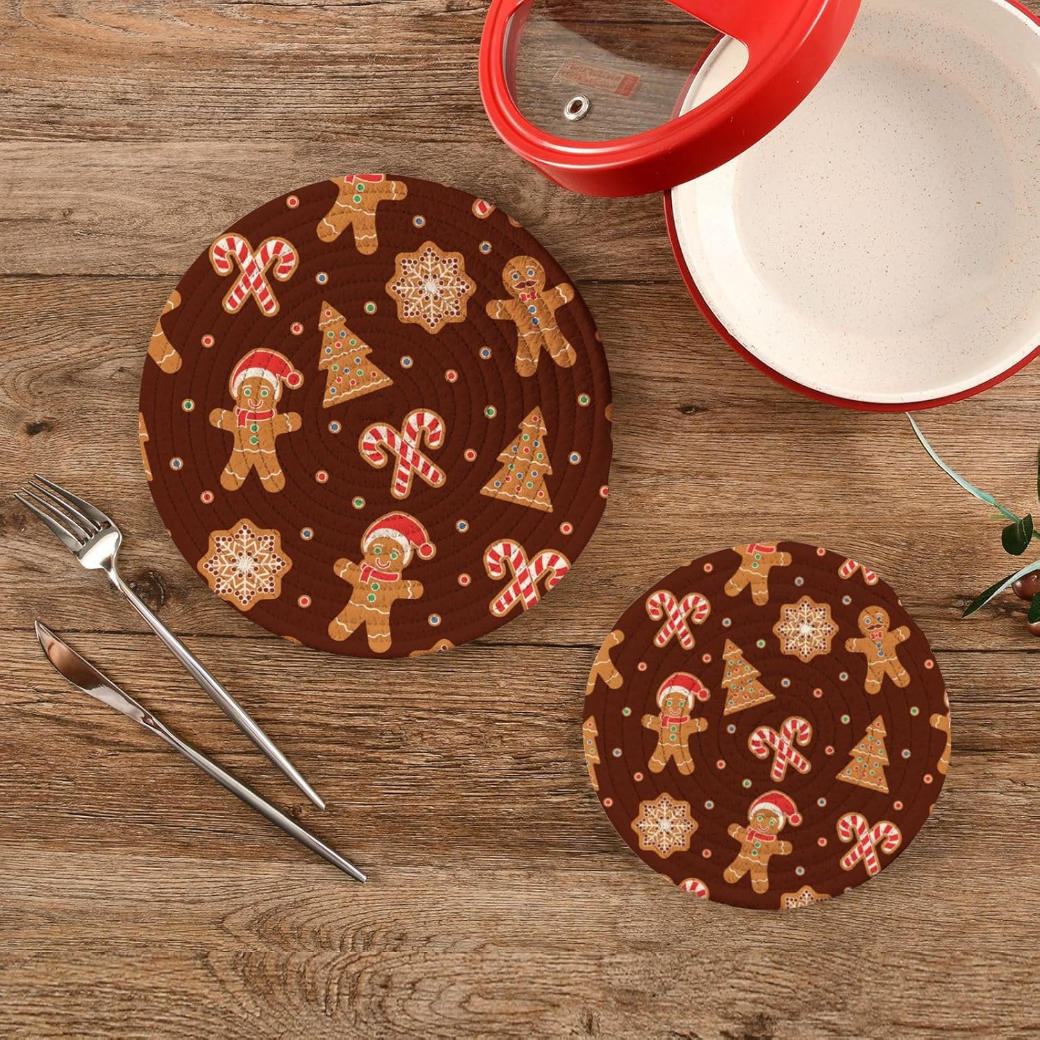 Salvamanteles de Navidad para pan de jengibre marrón, 2 piezas resistentes al calor para platos calientes, bastón de caramelo, galletas de Navidad,