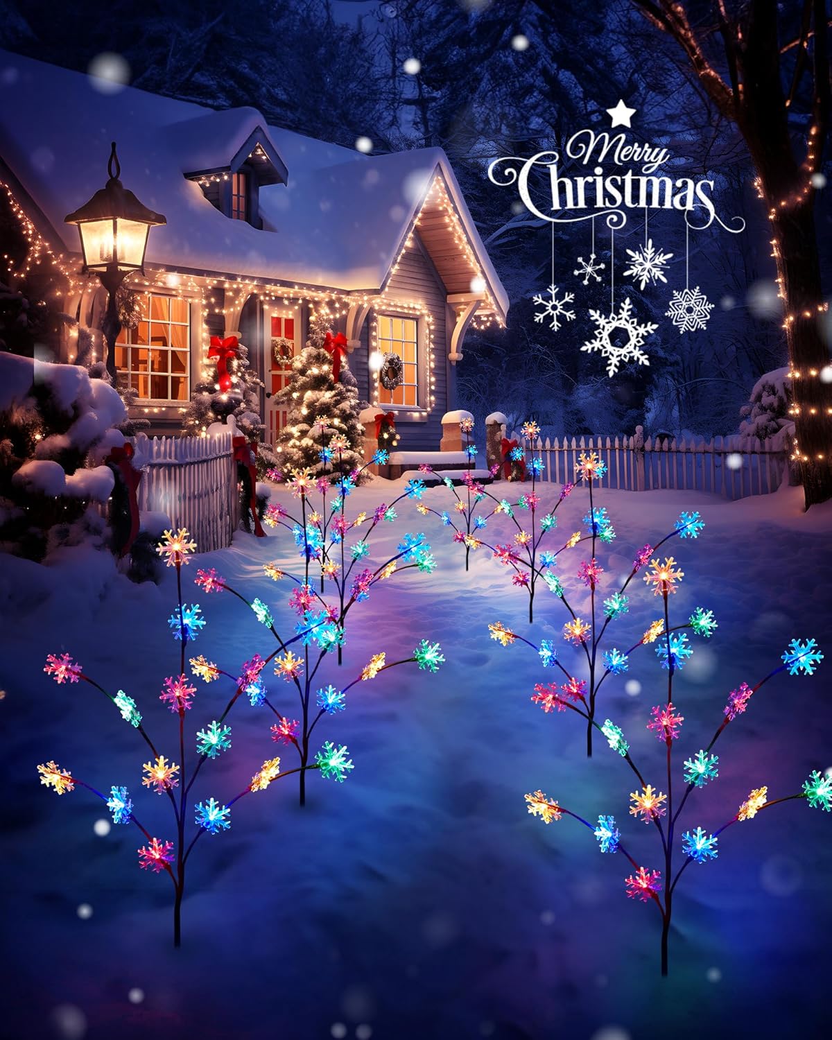 Luces de copo de nieve para exteriores, paquete de 4 luces de Navidad para entrada, árbol al aire libre, decoraciones de Navidad al aire libre,