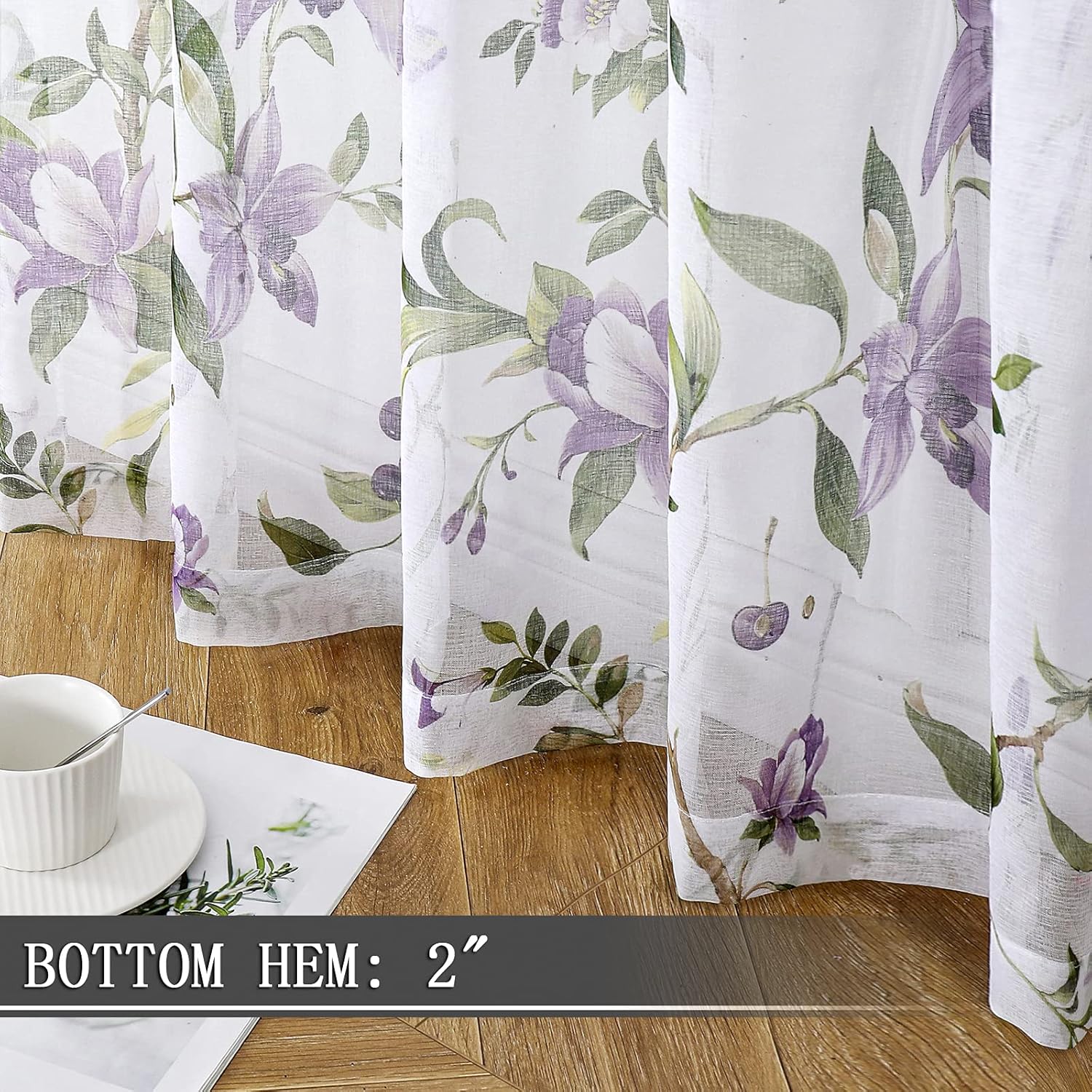 Tollpiz Cortinas traslúcidas con estampado floral de cerezo morado y mariposa, cortinas para sala de estar, cortinas con bolsillo para barra,