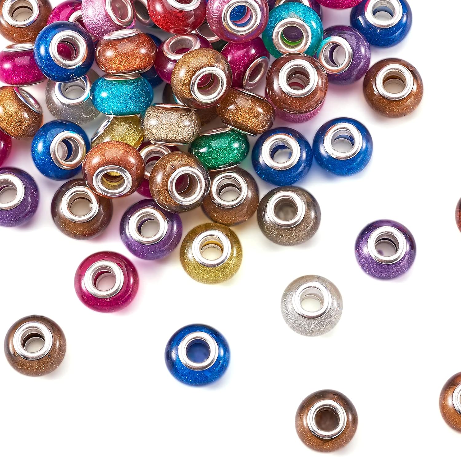Beadthoven 100 cuentas europeas acrílicas de color mixto con agujero grande con latón plateado doble núcleos de 0.551 x 0.354 in, patrón surtido de