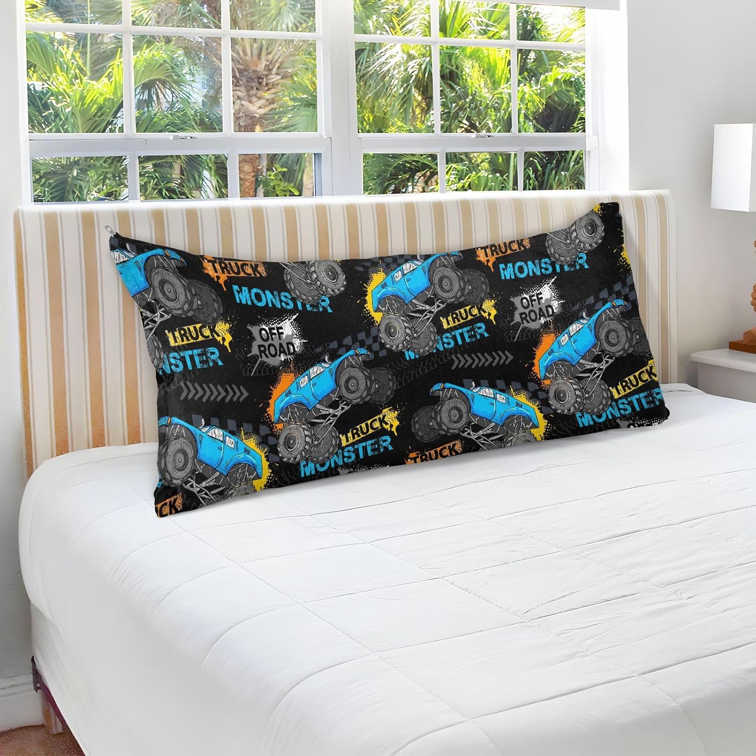 Funda de almohada de terciopelo con neumáticos de camión monstruo, funda de almohada larga de franela con cremallera oculta para mujeres y hombres,