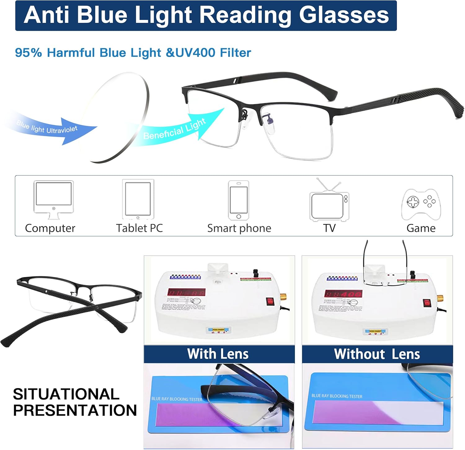 K.LAVER Gafas de lectura fotocrómicas progresivas duraderas de Multifocus para hombres Lector multifocal de transición de luz azul