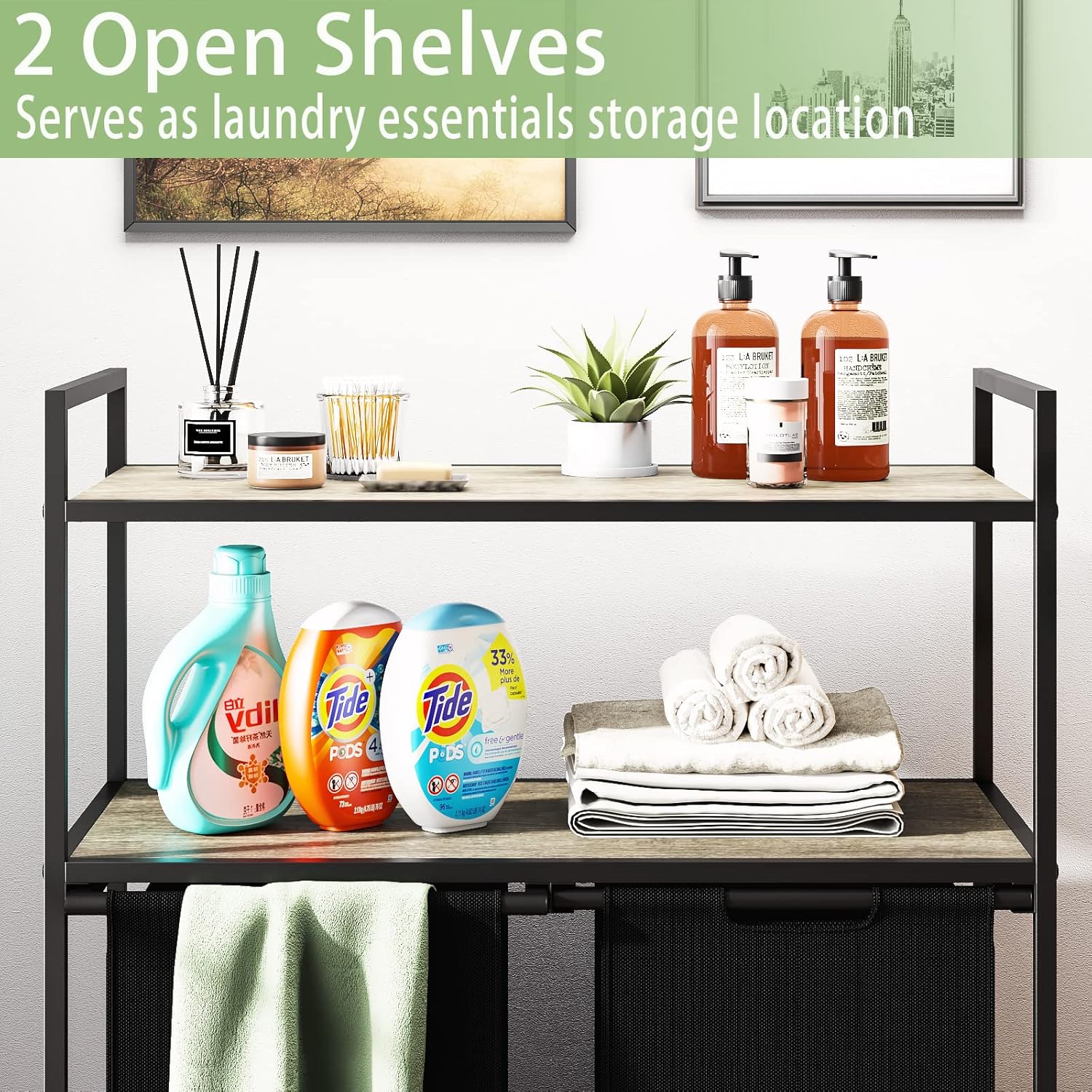 Huhaneon Cesta de lavandería con ruedas, cesta de lavandería, muebles de baño con 2 bolsas extraíbles y extraíbles, 2 estantes, capacidad de 12
