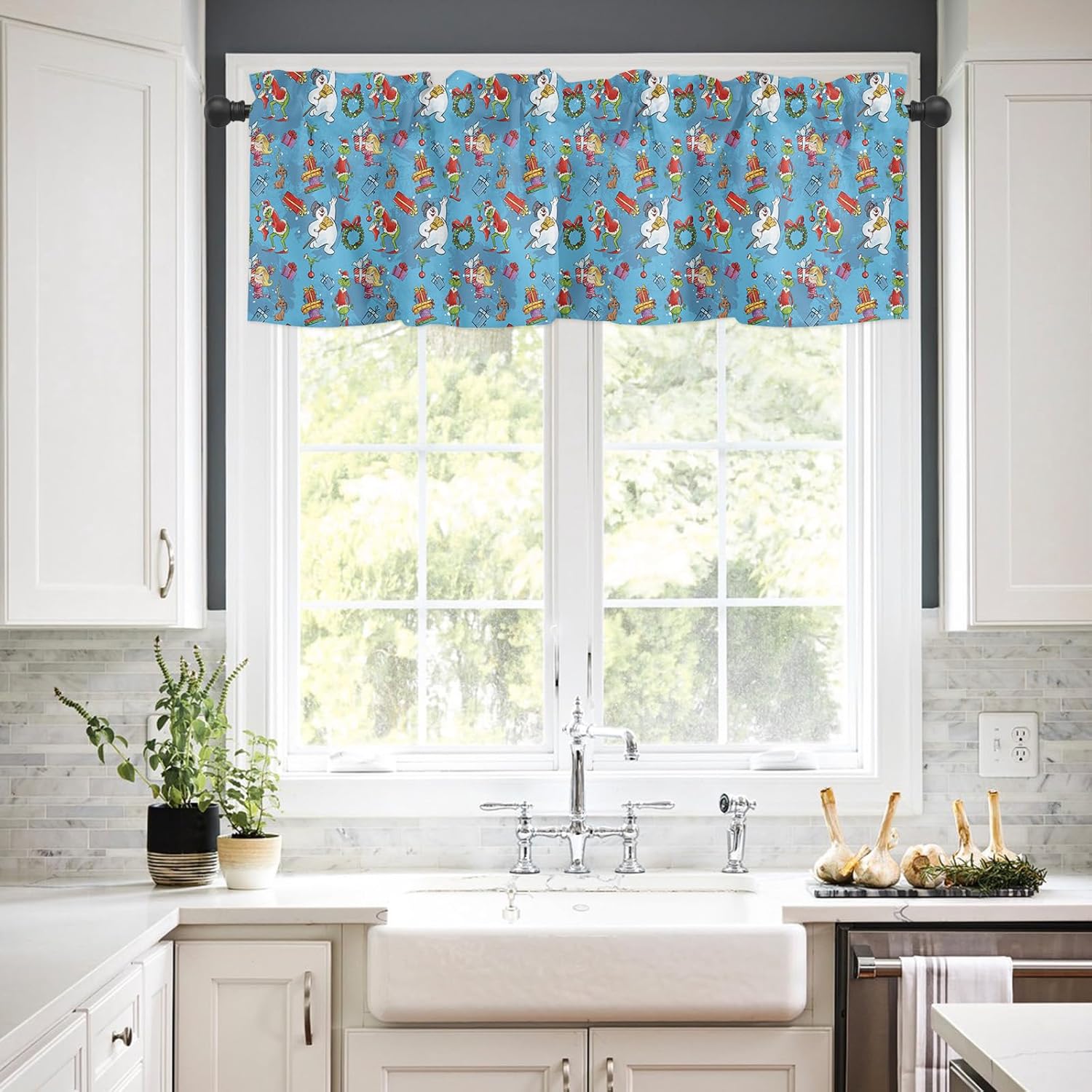 Cenefa navideña de muñeco de nieve y sonrisa para ventana de cocina, sala de estar, cortina de ventana de estilo retro para dormitorio, cenefa de