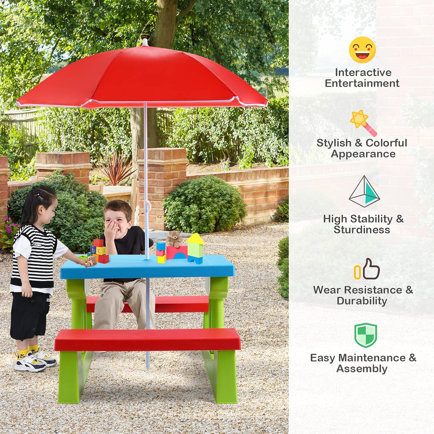 BETTARY – Juego de mesa y silla de picnic para niños pequeños, juego de mesa y banco para niños con paraguas extraíble, juego de mesa de picnic