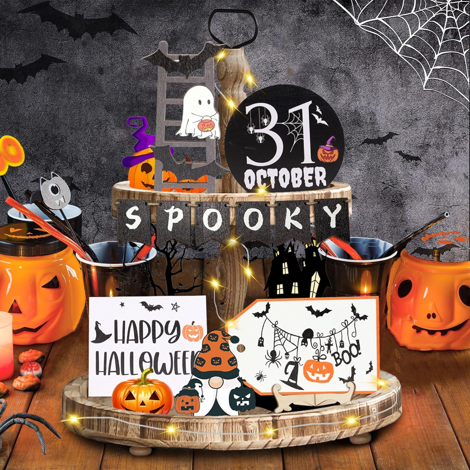 14 piezas de decoración de bandeja escalonada de Halloween, Boo Happy Halloween, juego de decoraciones de Halloween con cadena de luces LED,