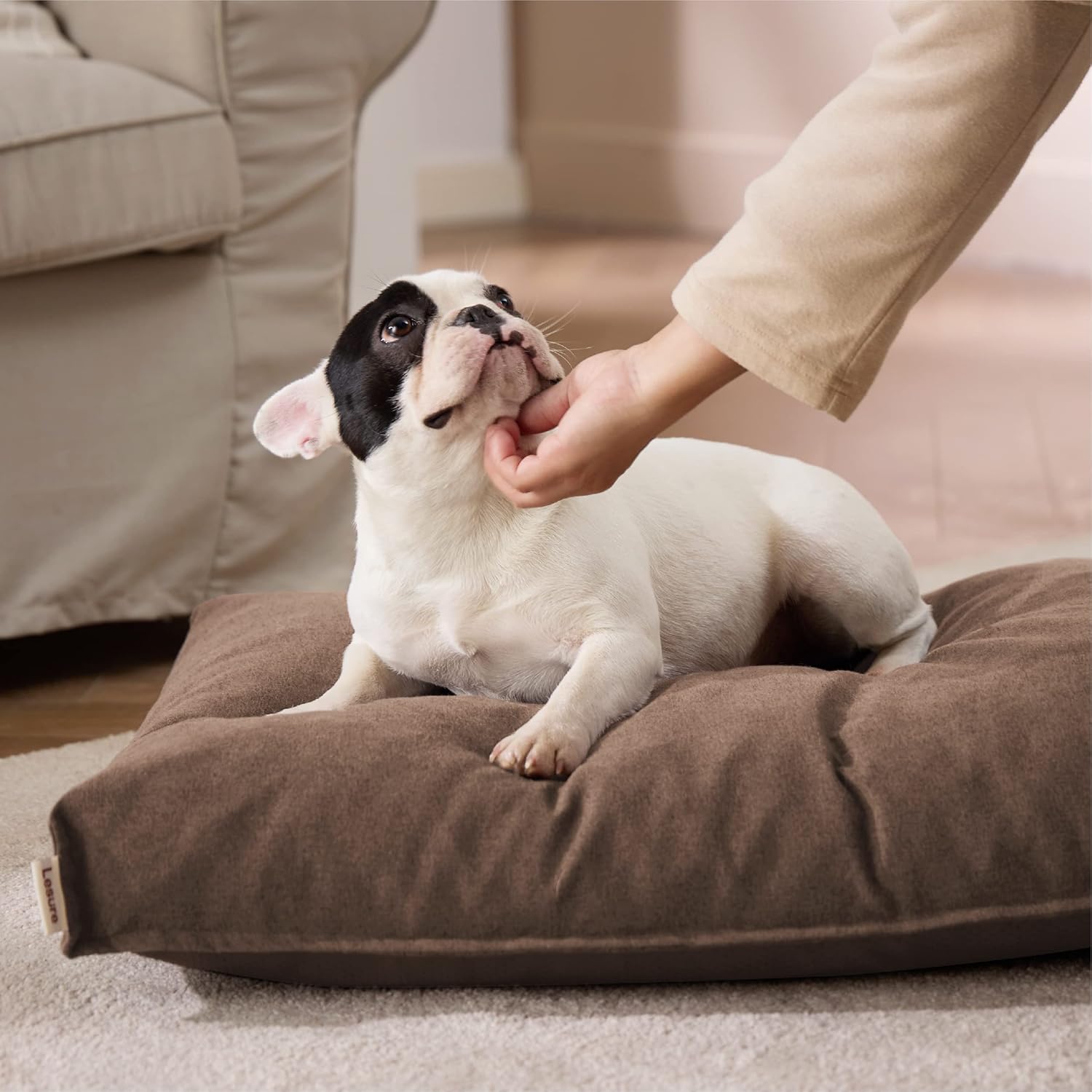 Lesure Cama para perros para jaula  Tapete de espuma triturada para perros medianos, colchón para mascotas con funda de lino sintético impermeable