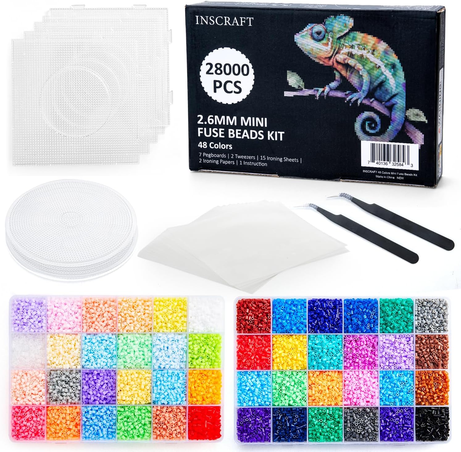 Kit de 28,000 mini cuentas de fusibles de 0.096 pulgadas, 48 colores, 7 tableros de clavijas, 15 roning, 2 pinzas, 2 papeles de roneo, cuentas de