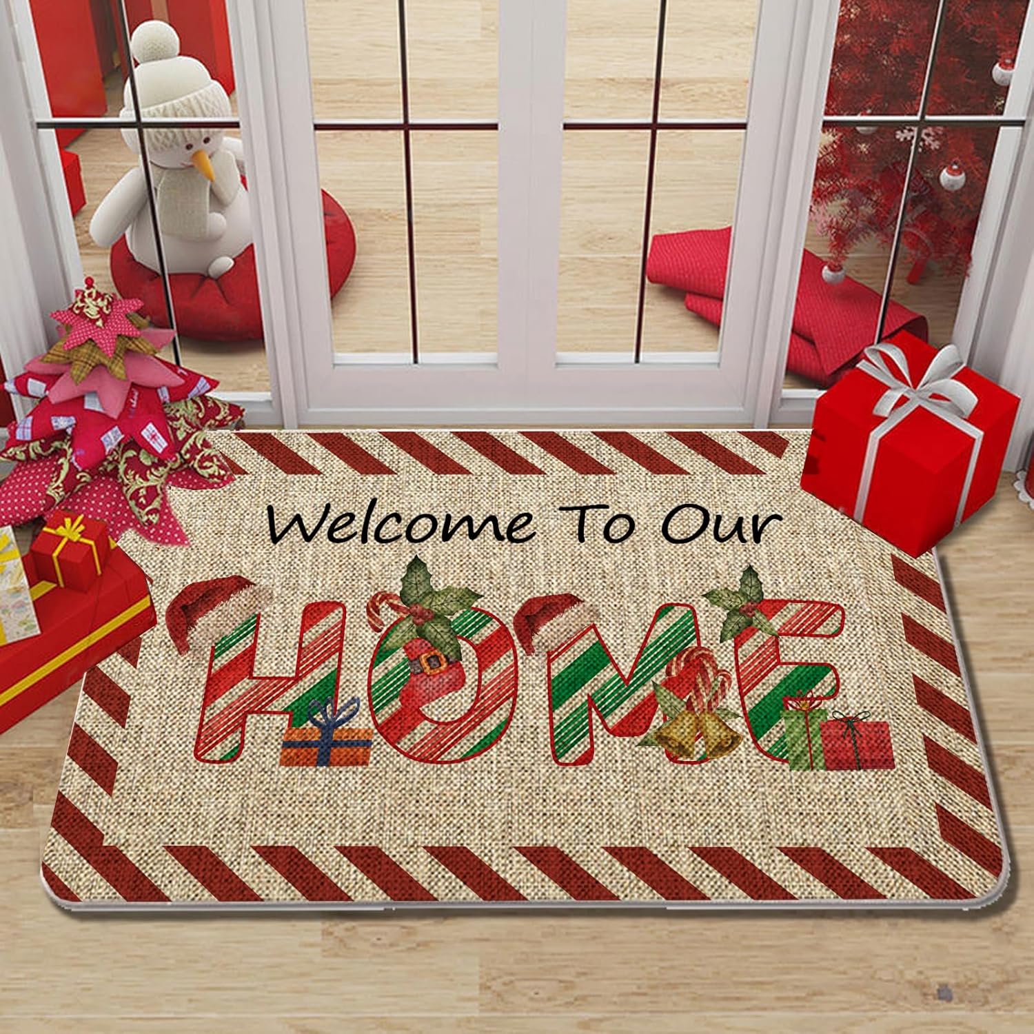 GAGEC Tapete de Navidad para puerta de exterior, tapete de bastón de caramelo, alfombra de entrada roja y blanca, tapete de puerta de menta para