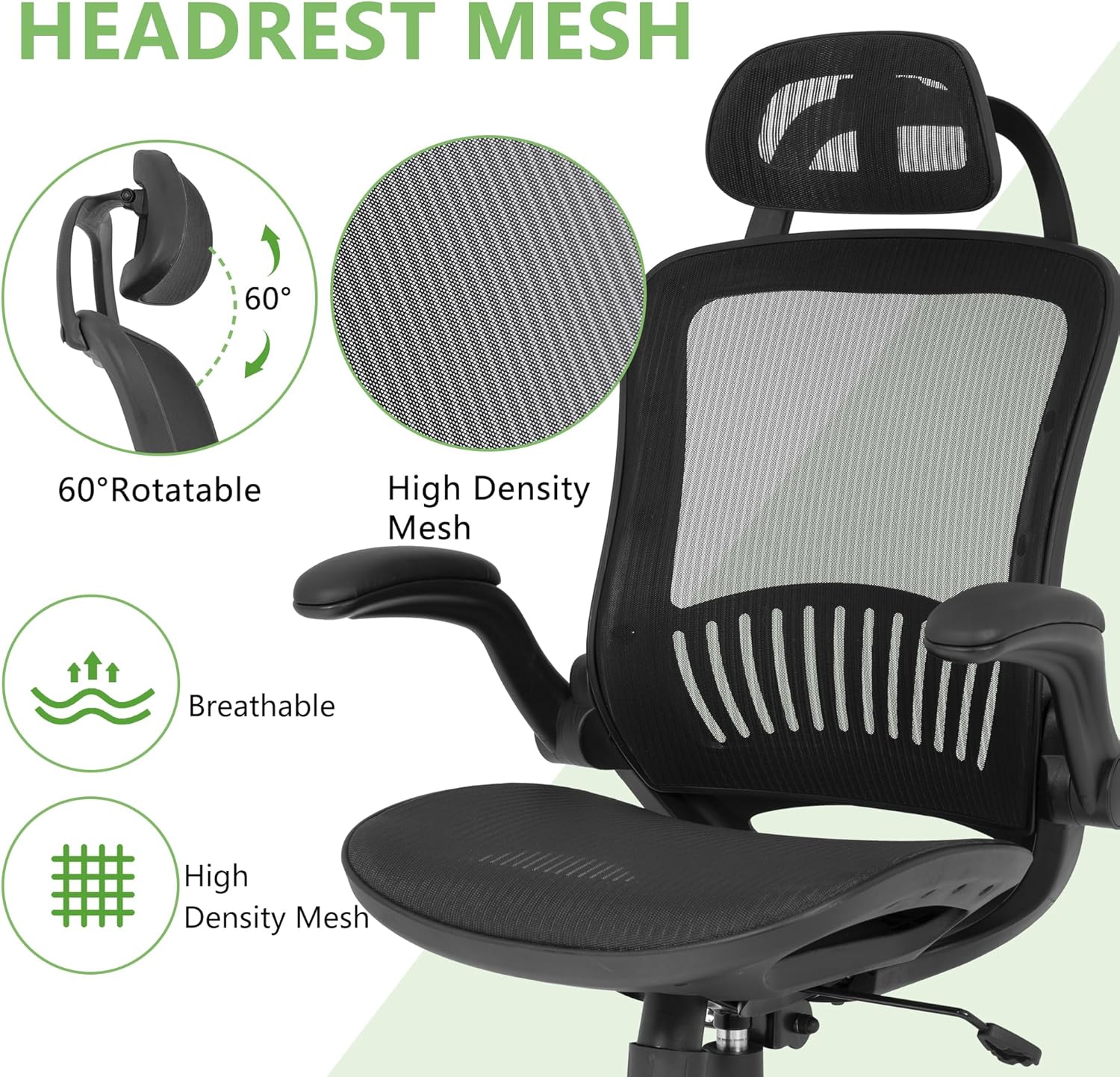 Silla de oficina ergonómica de malla, silla de computadora con soporte lumbar, reposacabezas y brazos abatibles, giratoria, ajustable, para adultos