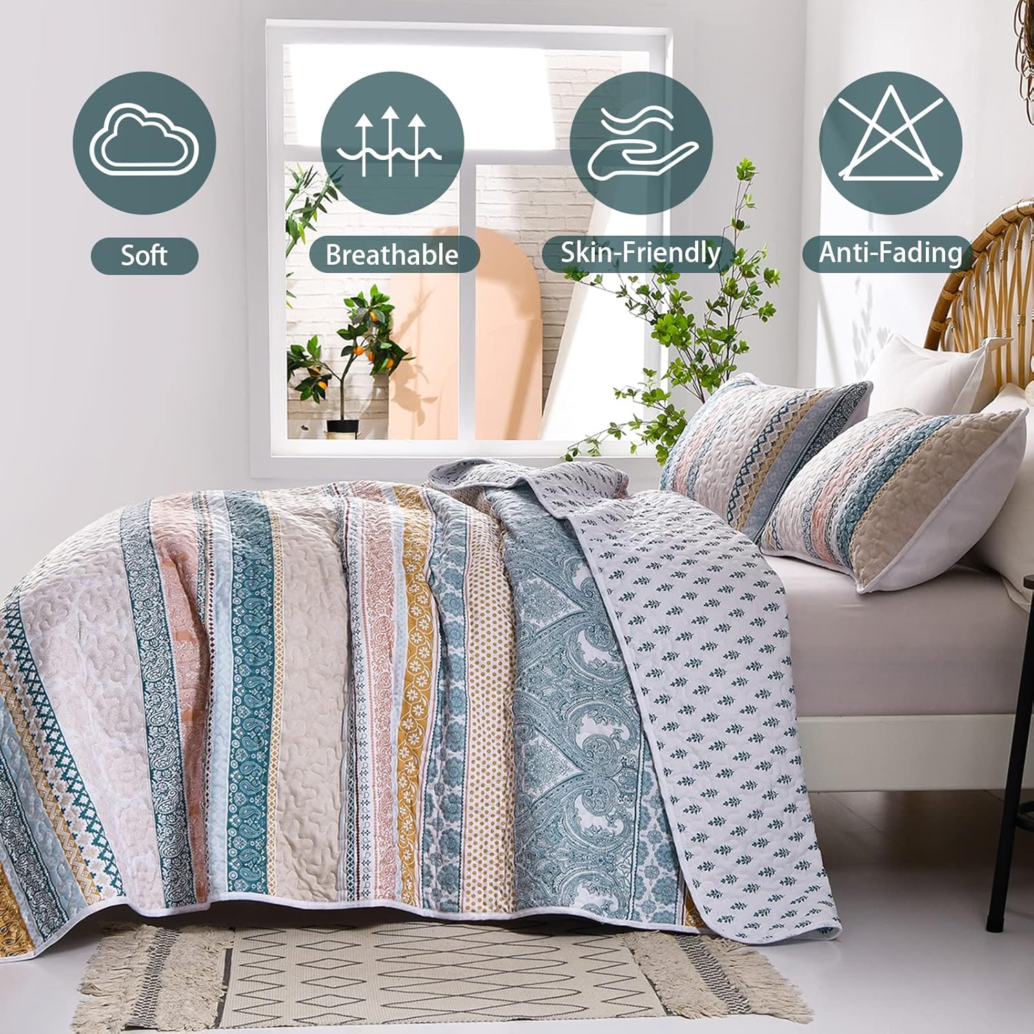 WONGS BEDDING Juego de edredón bohemio tamaño matrimonial, juego de edredón bohemio amarillo de 3 piezas, juego de ropa de cama de verano ligero