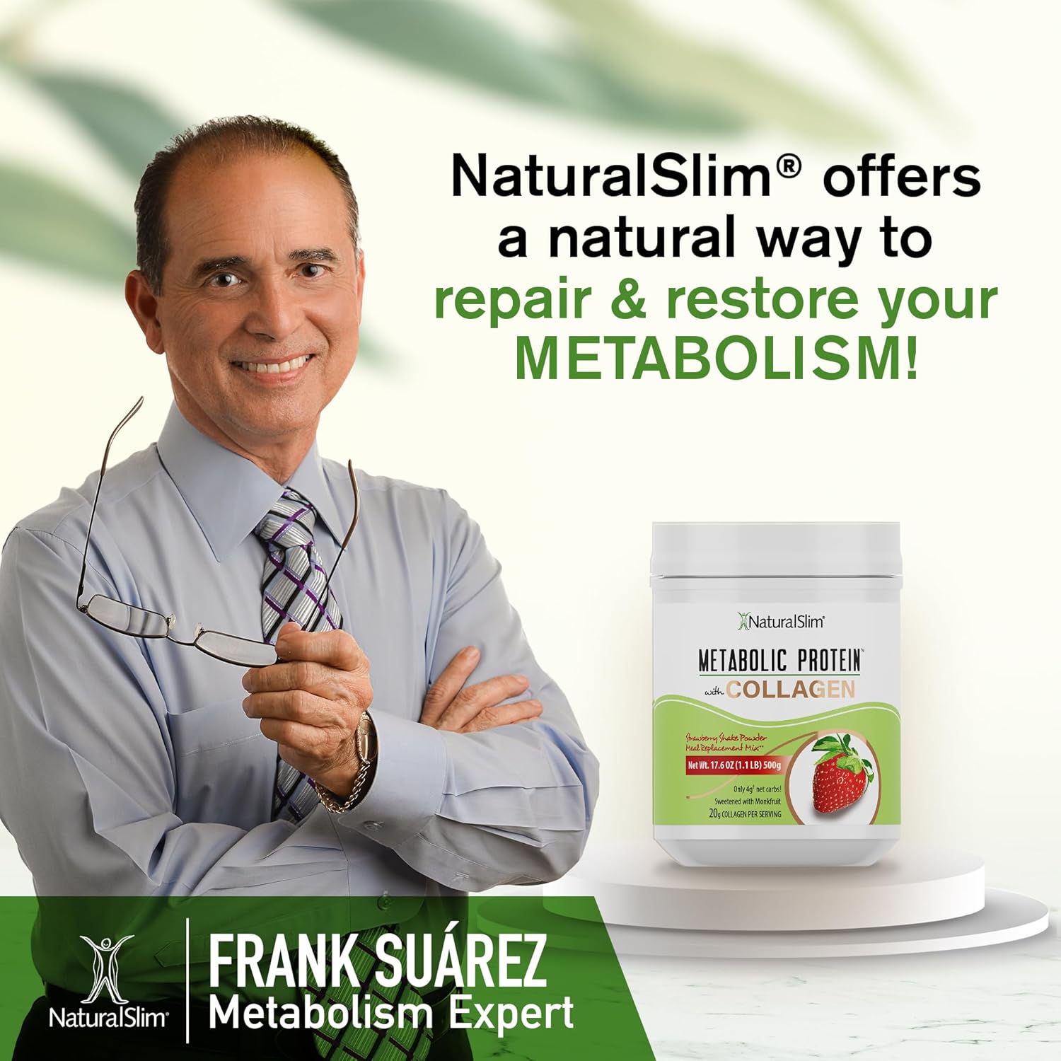 NaturalSlim Polvo de proteína metabólica con colágeno y fresa, polvo de proteína de colágeno hidrolizado para cabello, piel, hueso, articulaciones y