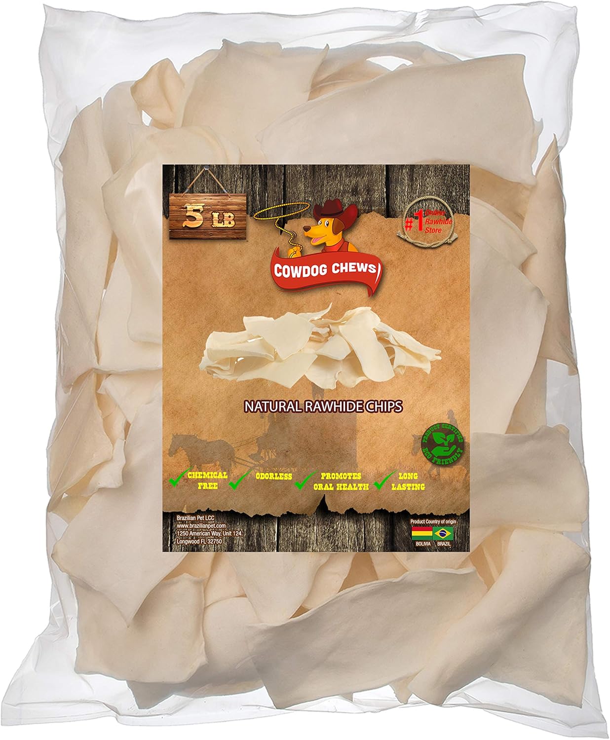 Cowdog Chews Chips de cuero crudo natural  Golosinas prémium de larga duración para perros con pieles de res de corte grueso (5 libras)